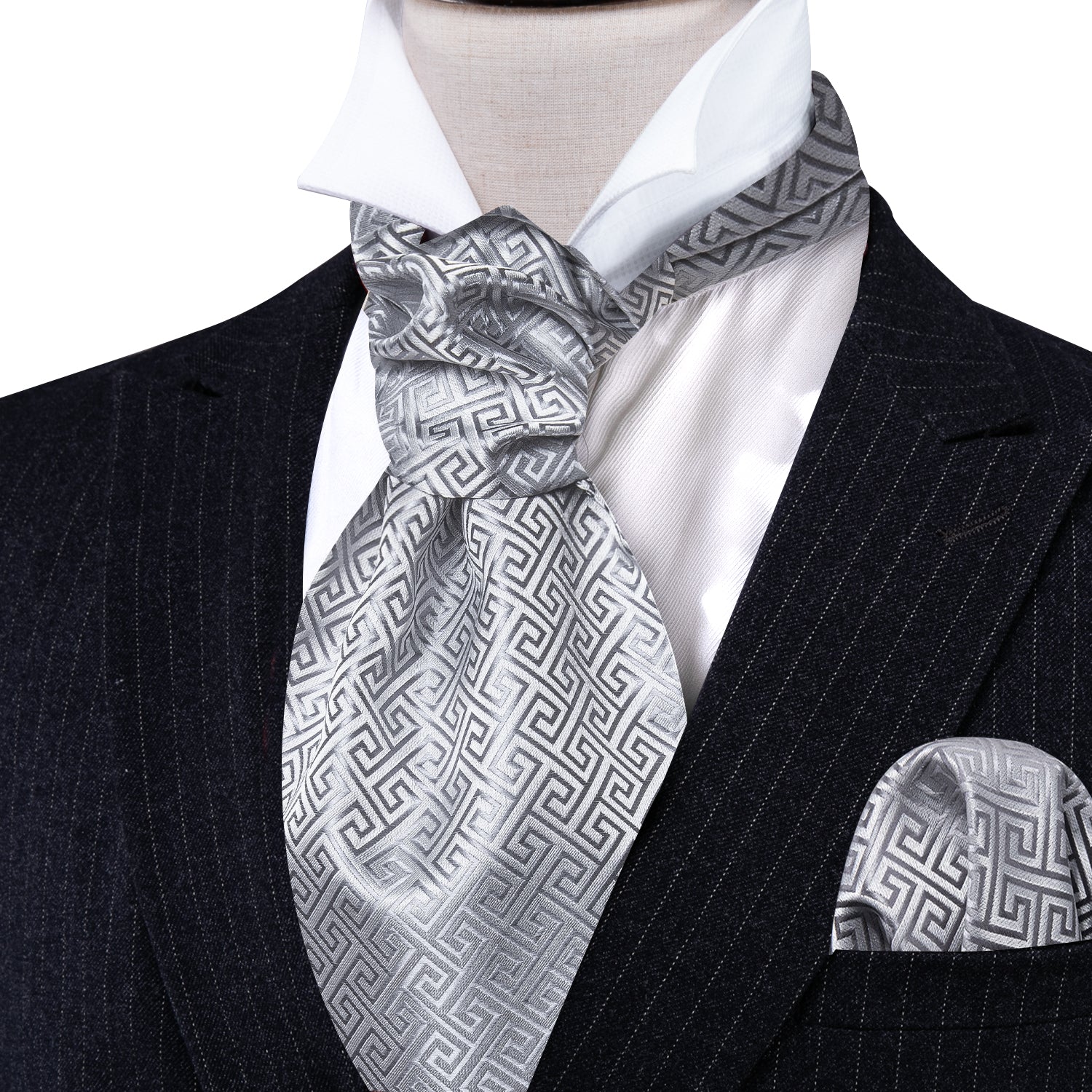 Grey Novelty Silk Paisley Ascot Handkerchief Cufflinks Set