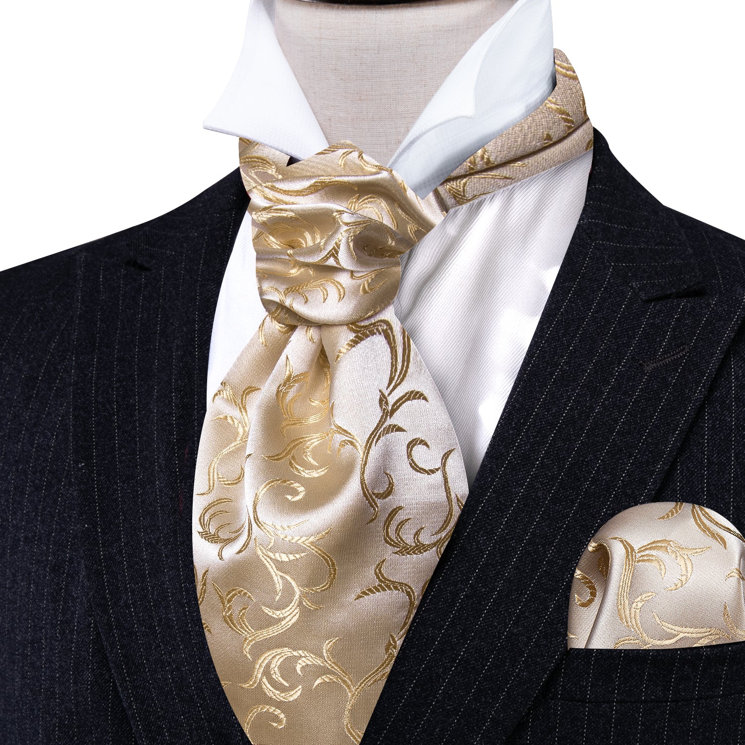 Champagne Floral Silk Paisley Ascot Handkerchief Cufflinks Set