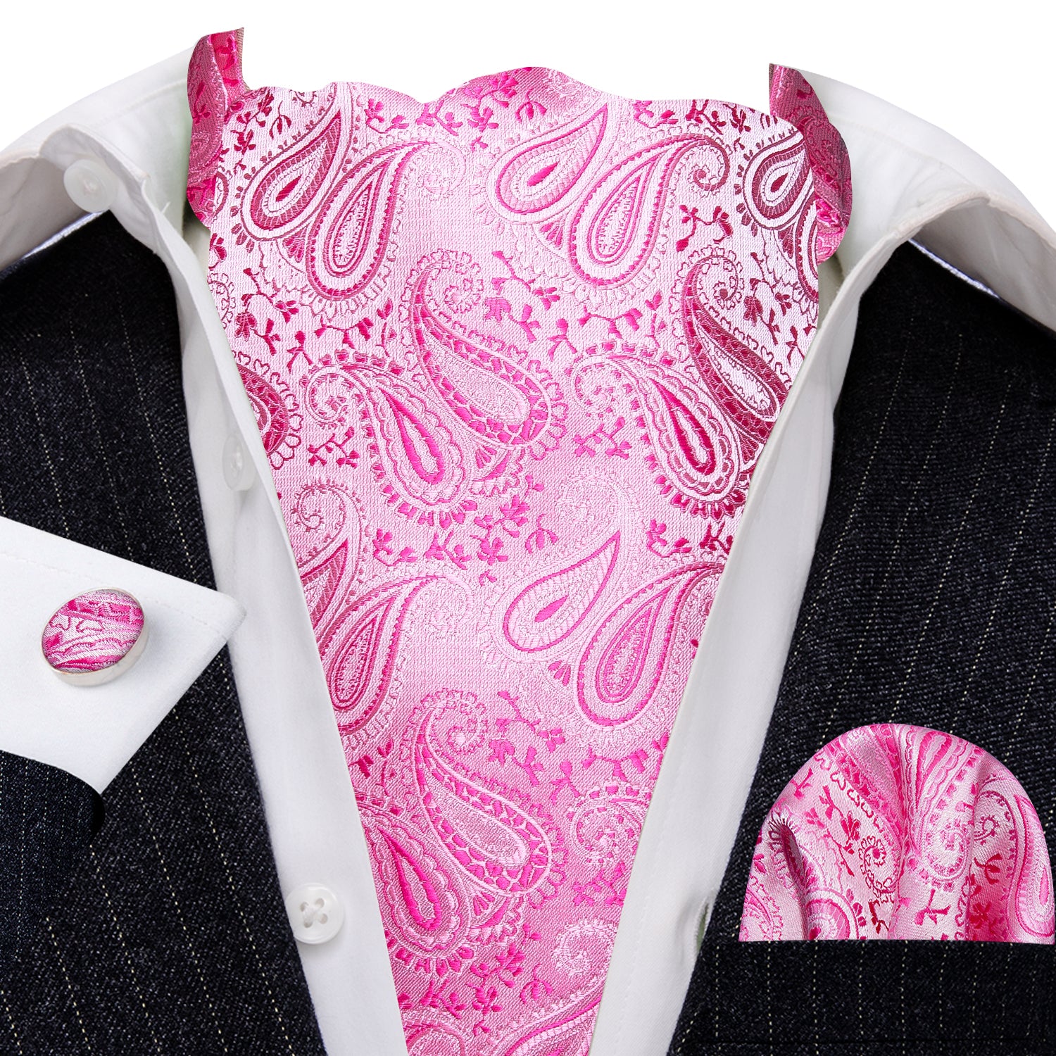 Pink Paisley Silk Paisley Ascot Handkerchief Cufflinks Set