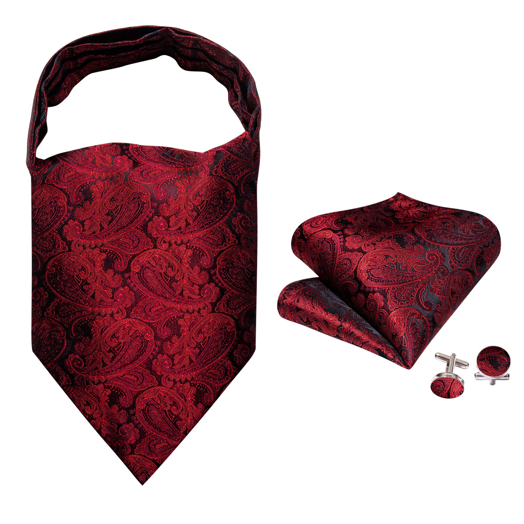 Shining Red Paisley Ascot Handkerchief Cufflinks Set
