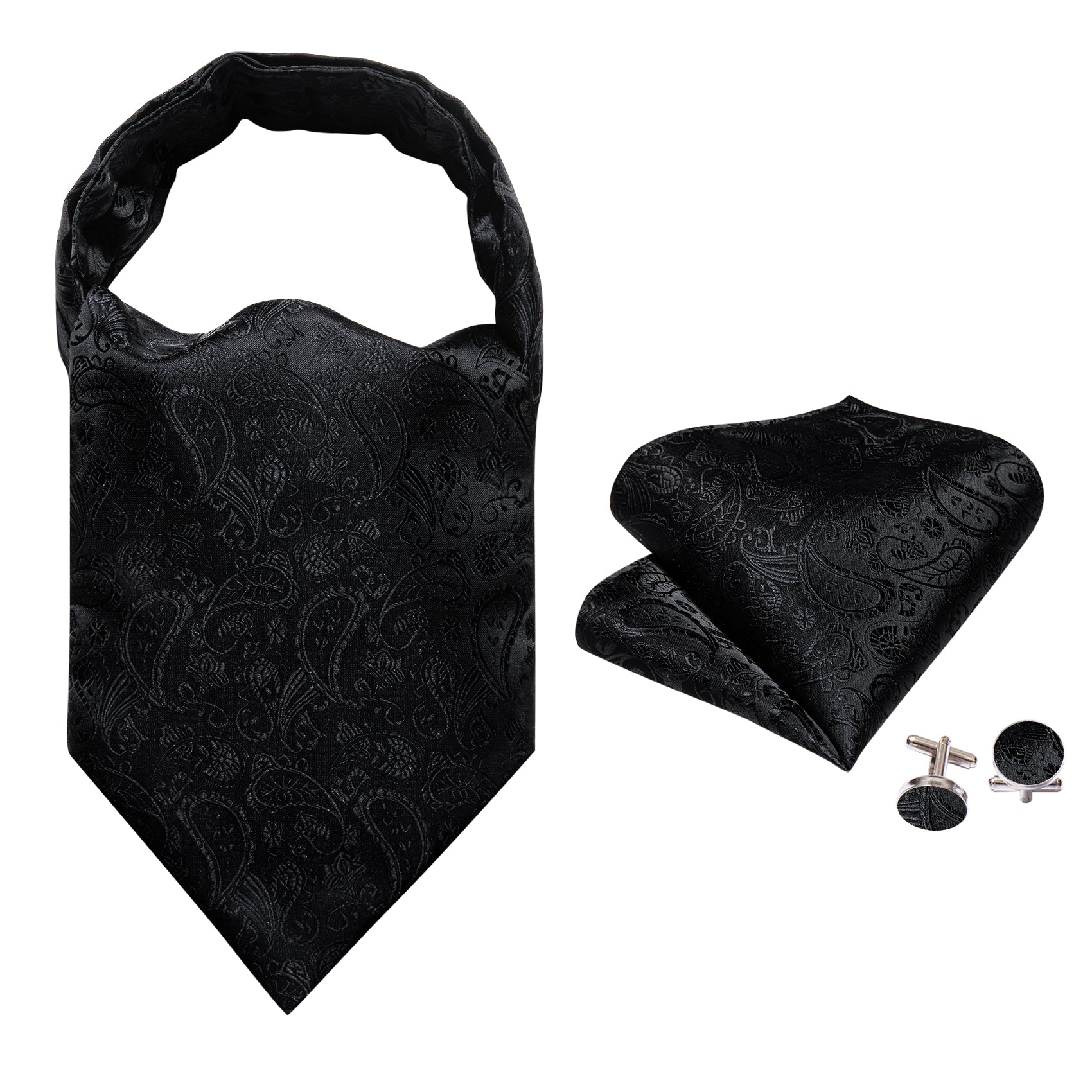 Black Paisley Ascot Handkerchief Cufflinks Set