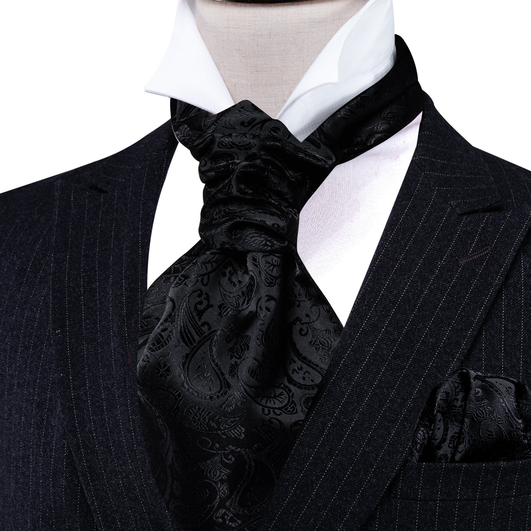 Black Paisley Ascot Handkerchief Cufflinks Set
