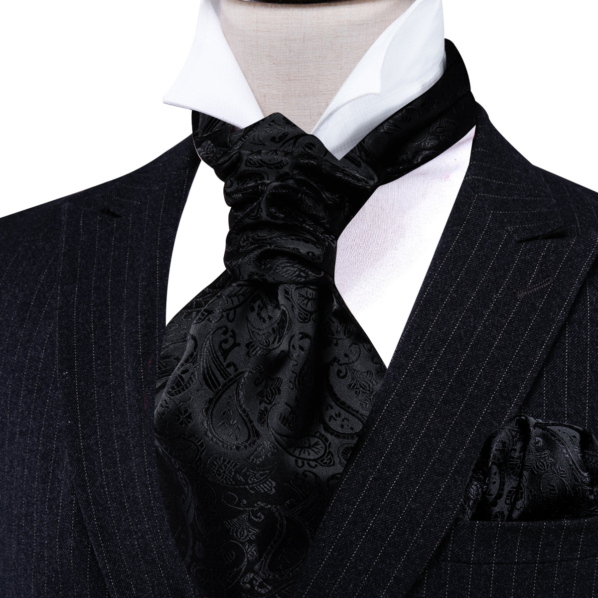Fashion Habitat Black Floral Paisley Ascot Cravat – Men's Vintage Silk Tie