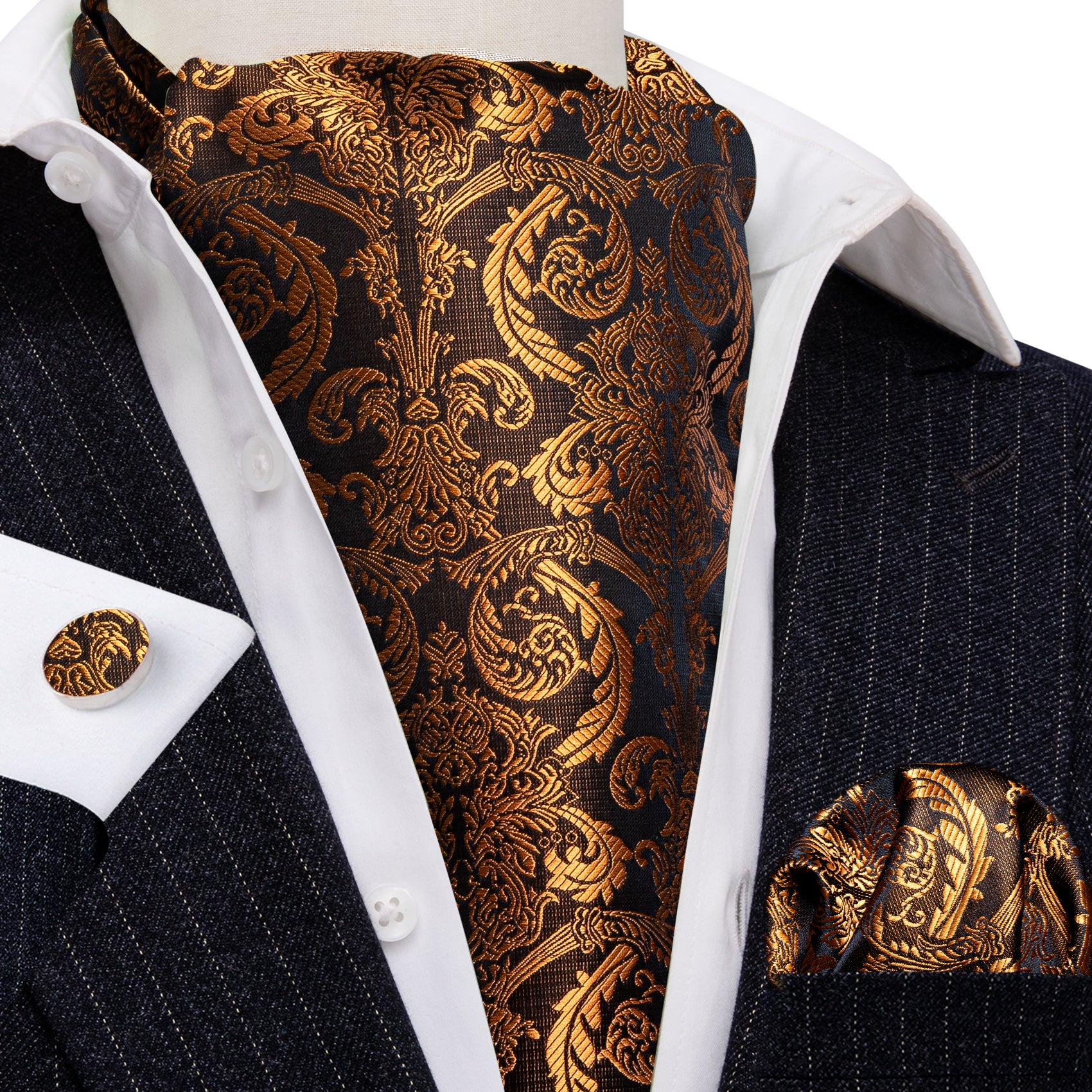 Gold Black Paisley Ascot Handkerchief Cufflinks Set