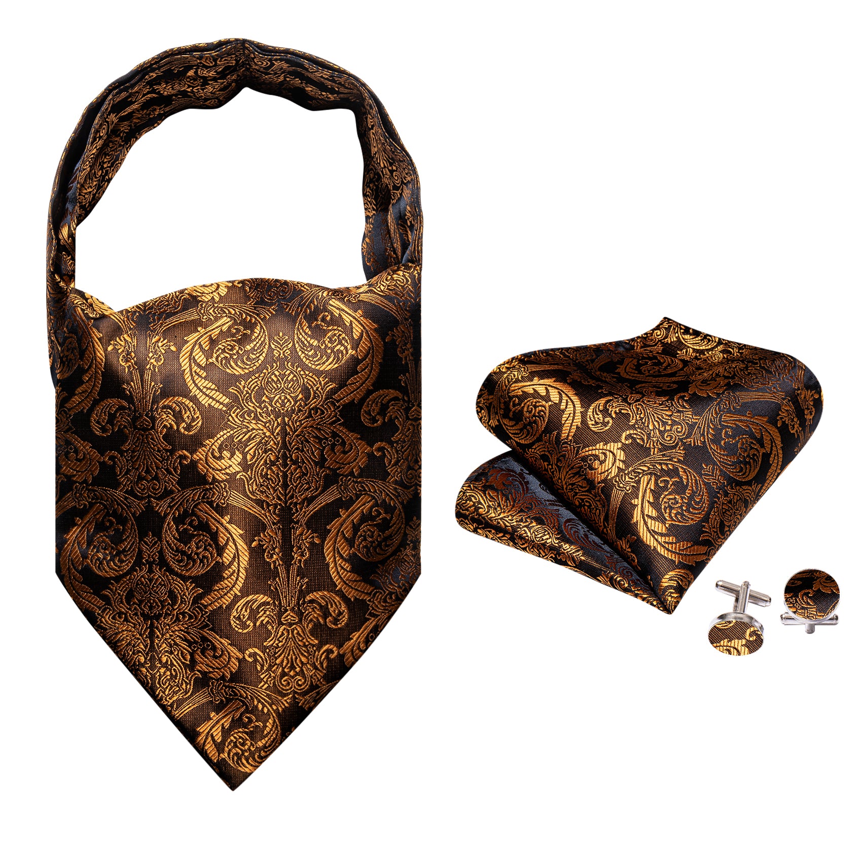 Gold Black Paisley Ascot Handkerchief Cufflinks Set