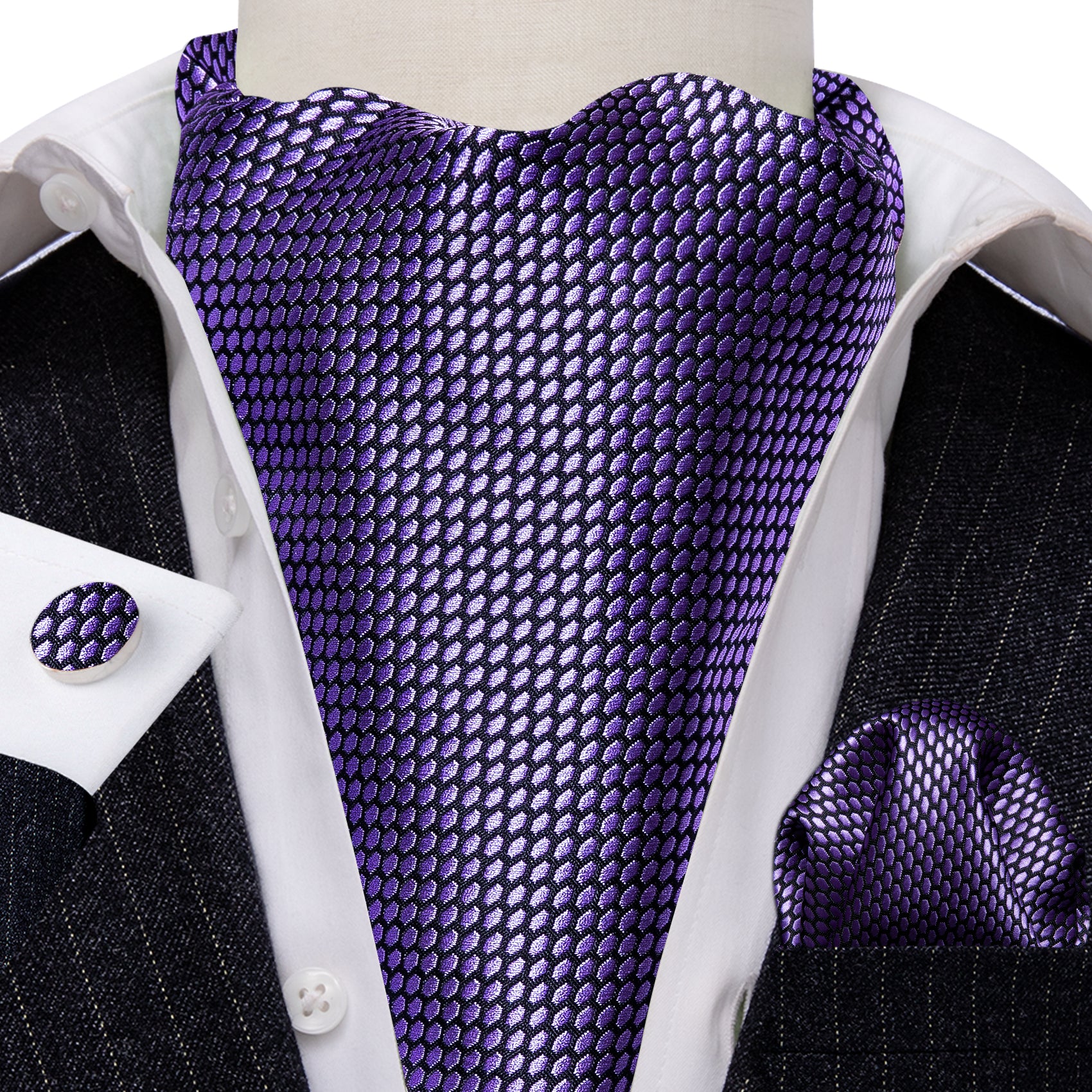 Purple Plaid Ascot Handkerchief Cufflinks Set