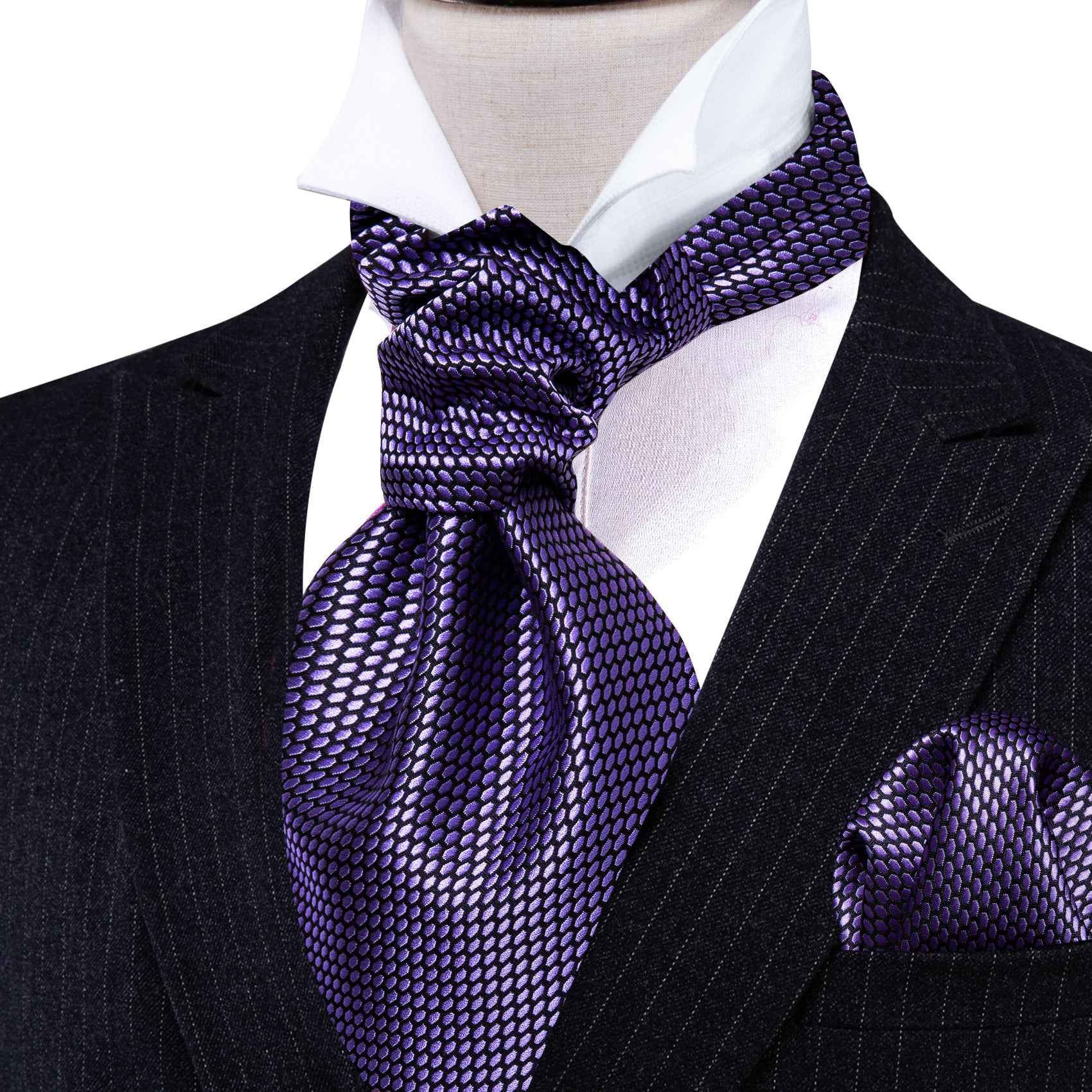 Purple Plaid Ascot Handkerchief Cufflinks Set
