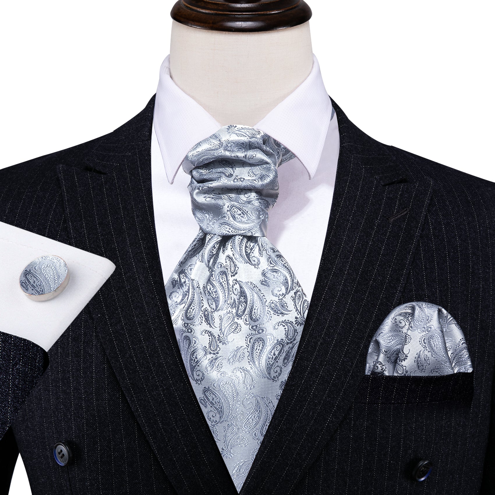 Silver Paisley Ascot Handkerchief Cufflinks Set
