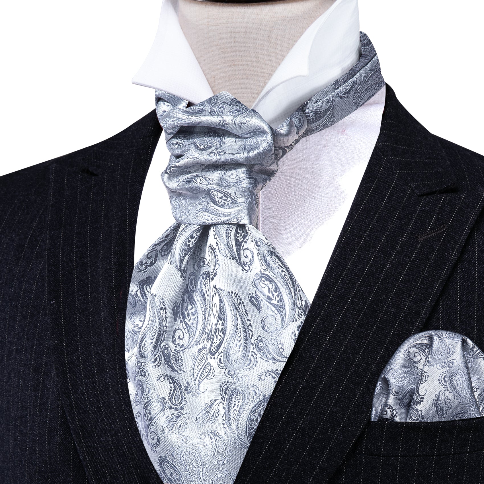 Silver Paisley Ascot Handkerchief Cufflinks Set