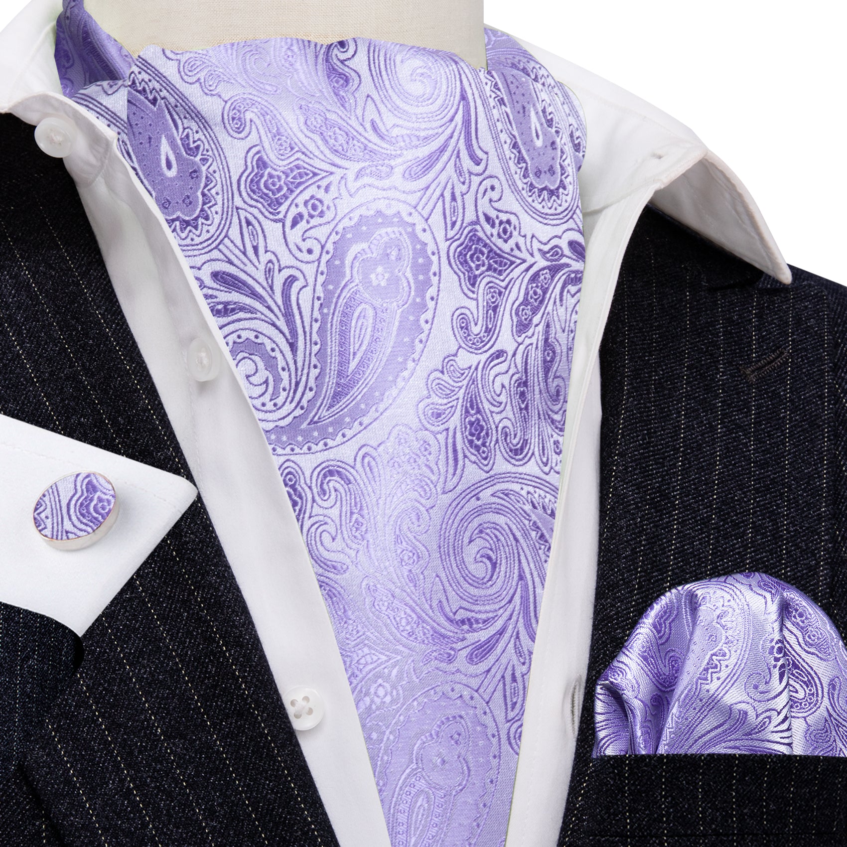 Light Purple Paisley Ascot Handkerchief Cufflinks Set