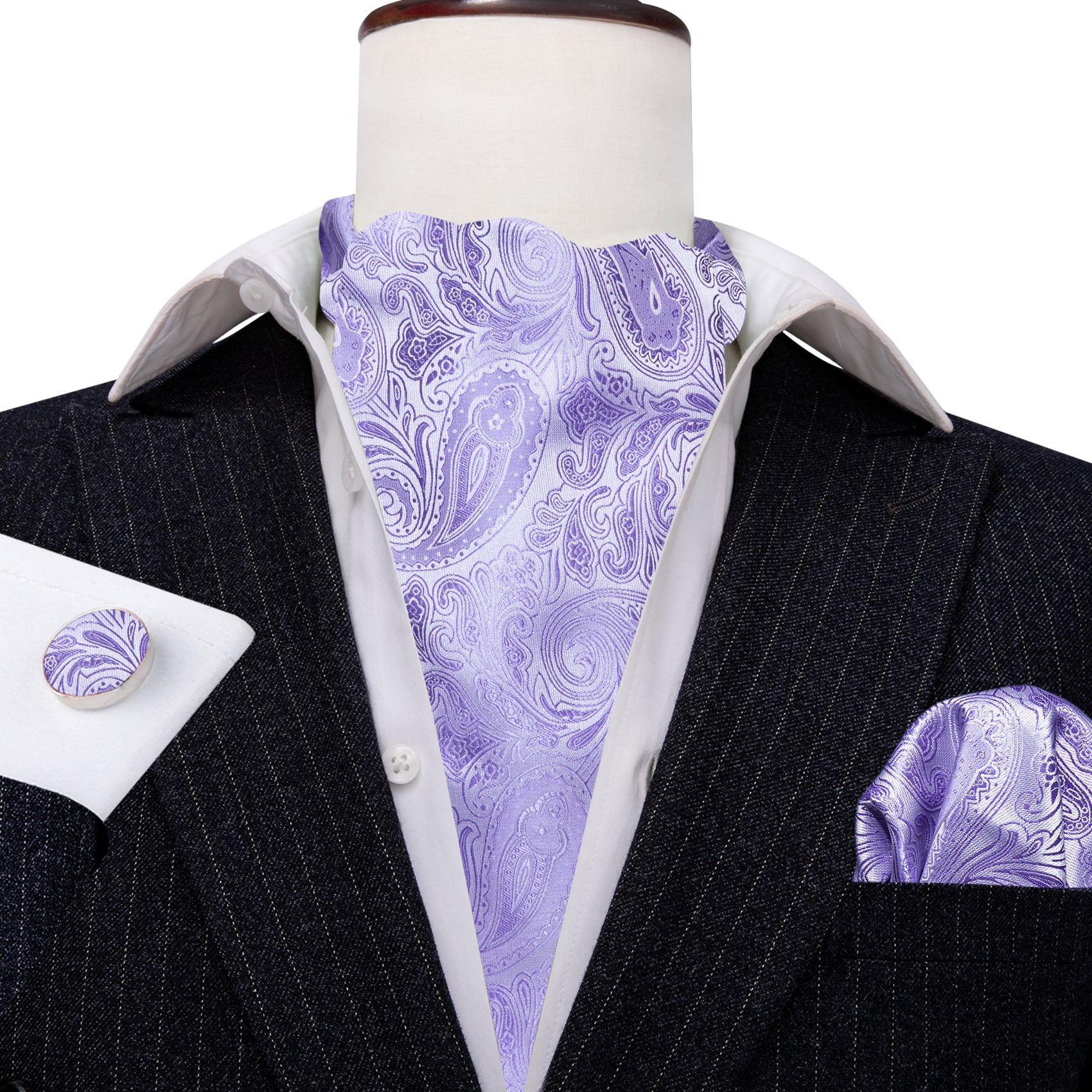 Light Purple Paisley Ascot Handkerchief Cufflinks Set