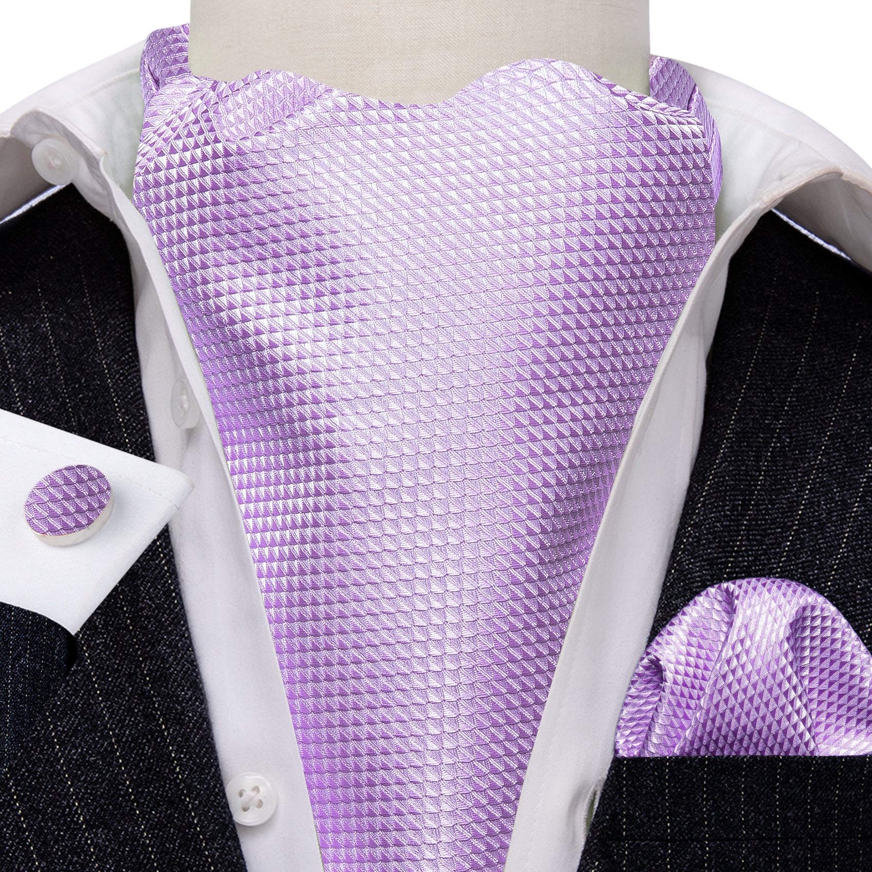 Purple Plaid Paisley Ascot Handkerchief Cufflinks Set