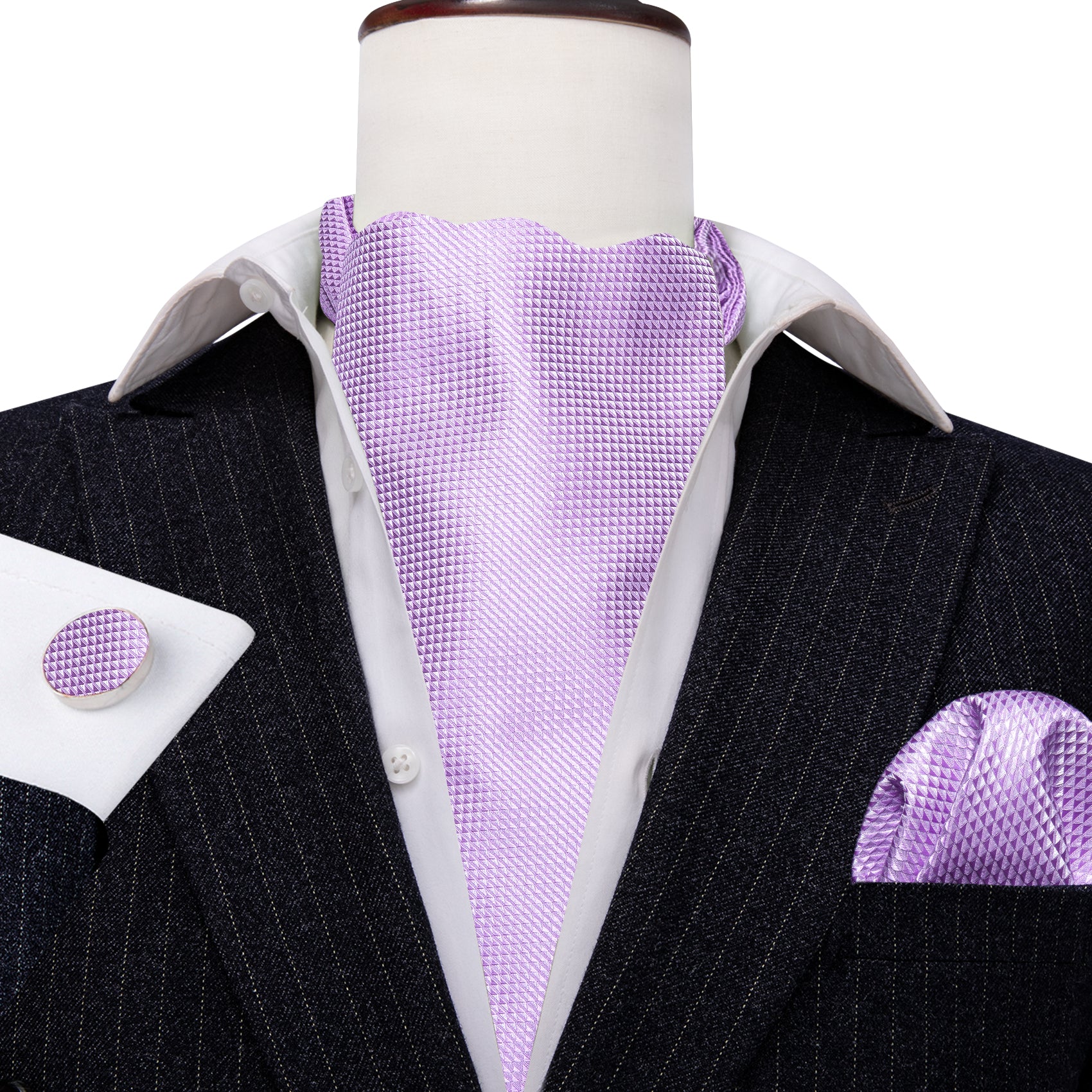 Purple Plaid Paisley Ascot Handkerchief Cufflinks Set