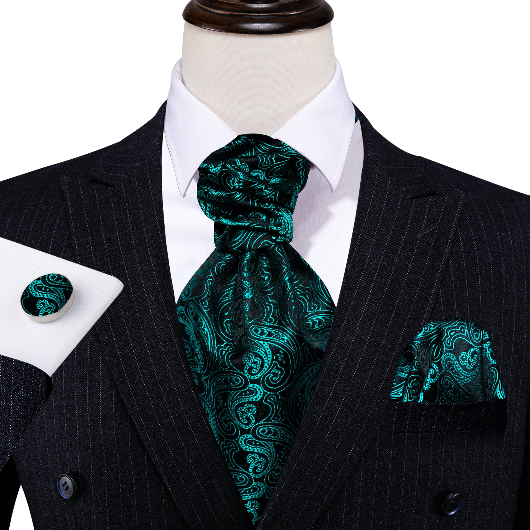 Blue Black Paisley Ascot Handkerchief Cufflinks Set