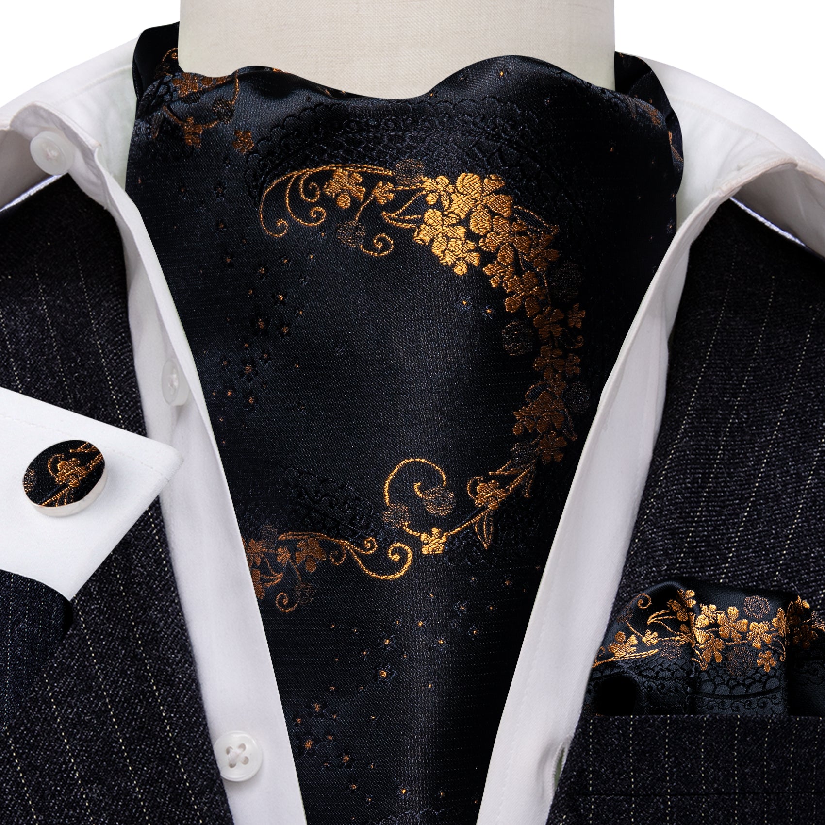 Black Gold Paisley Ascot Handkerchief Cufflinks Set