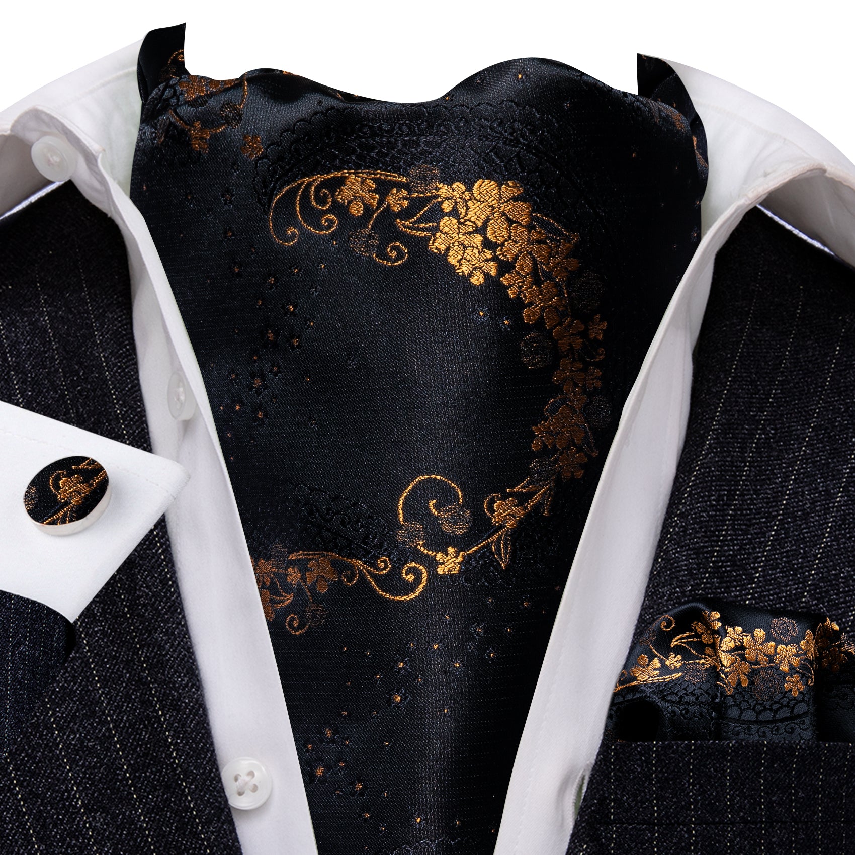 Black Gold Paisley Ascot Handkerchief Cufflinks Set