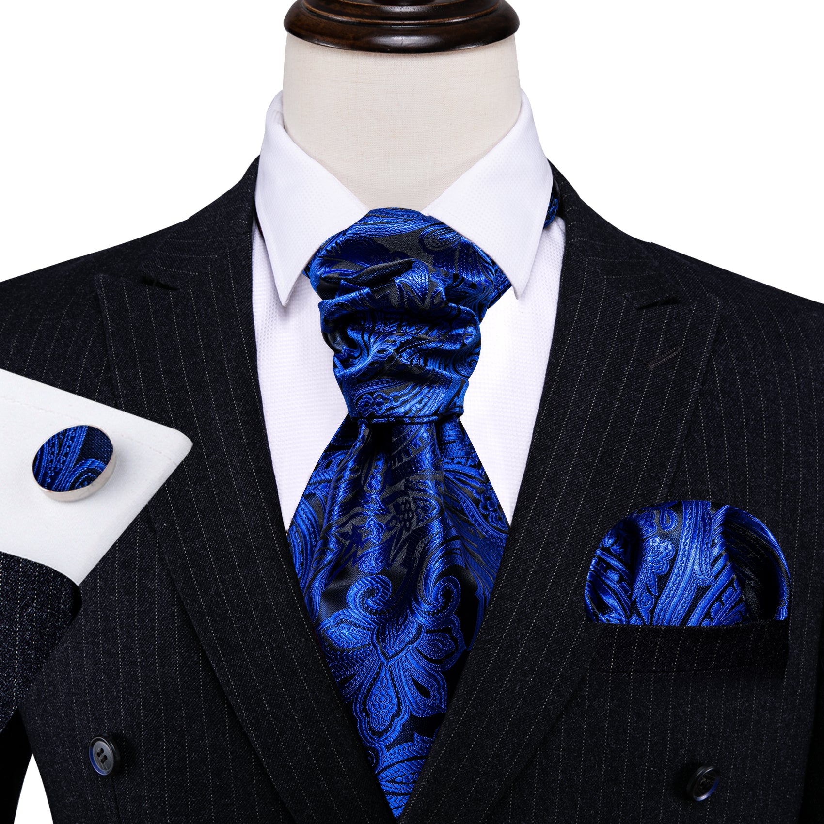 Blue Paisley Ascot Handkerchief Cufflinks Set