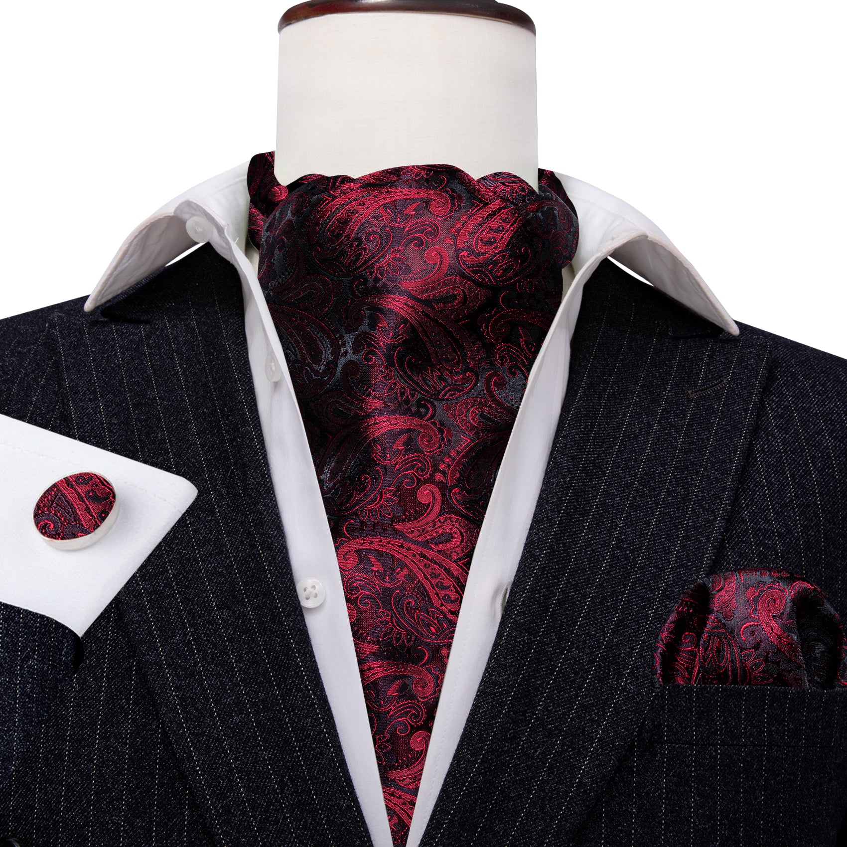 Black Red Paisley Ascot Handkerchief Cufflinks Set
