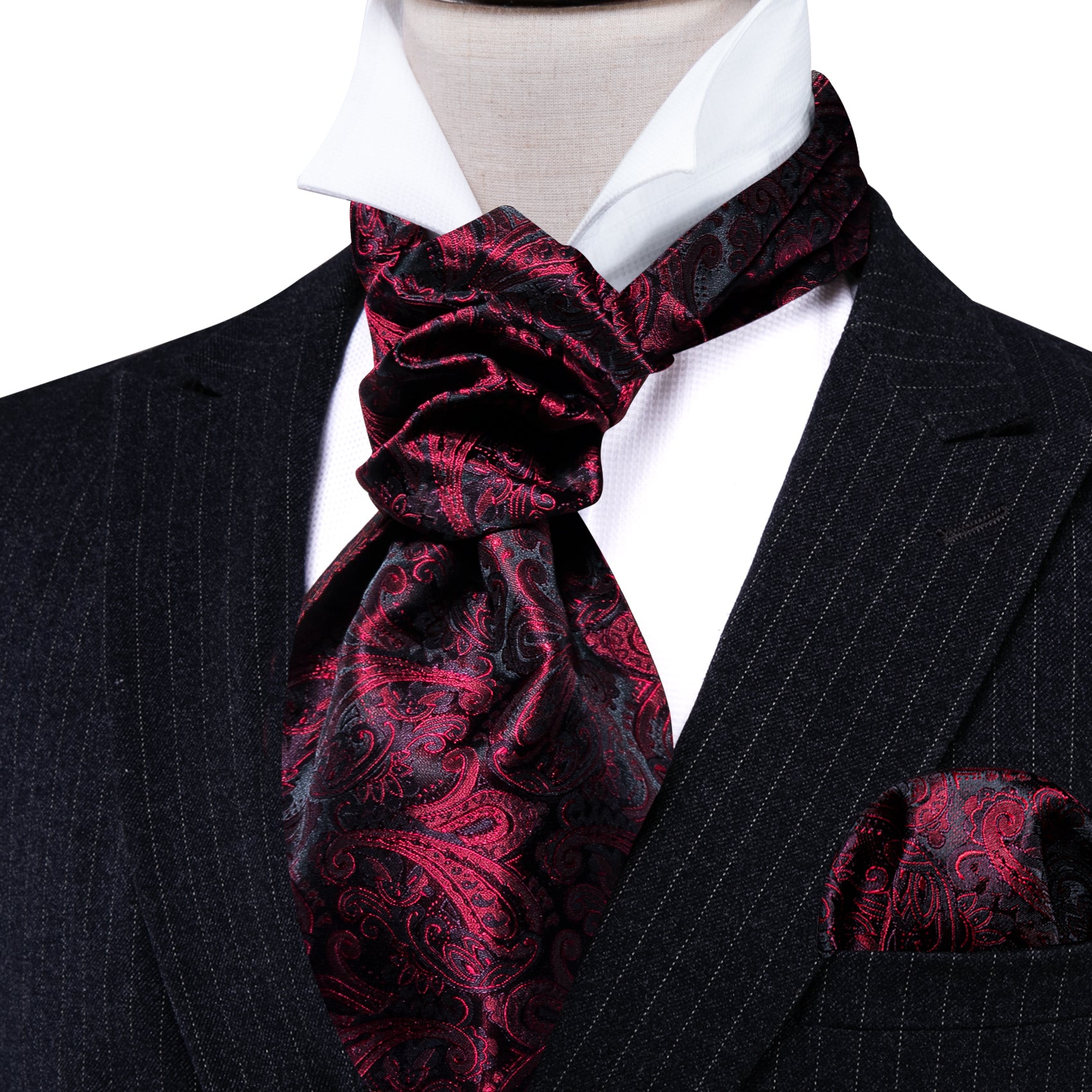 Black Red Paisley Ascot Handkerchief Cufflinks Set