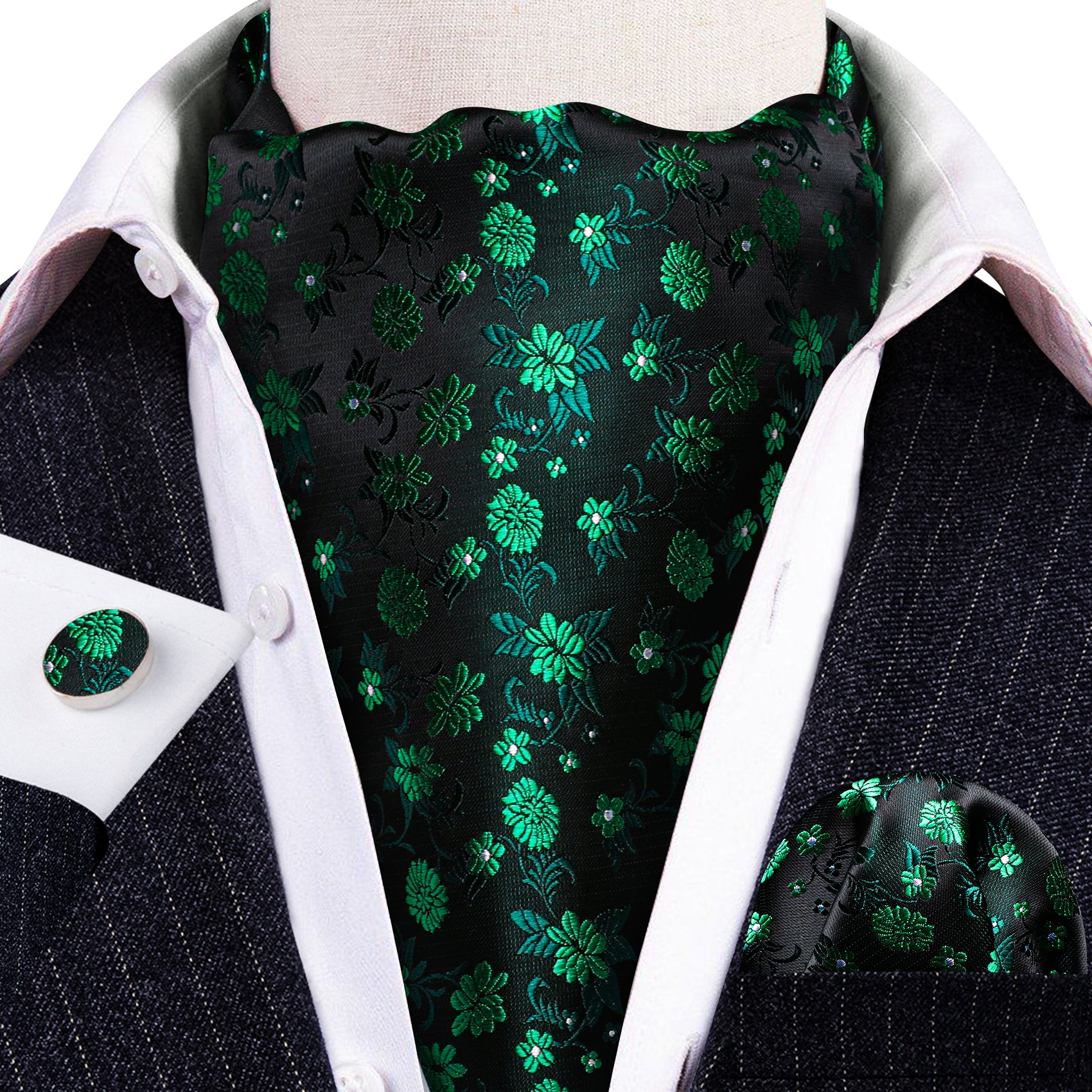 Green Black Flower Ascot Handkerchief Cufflinks Set