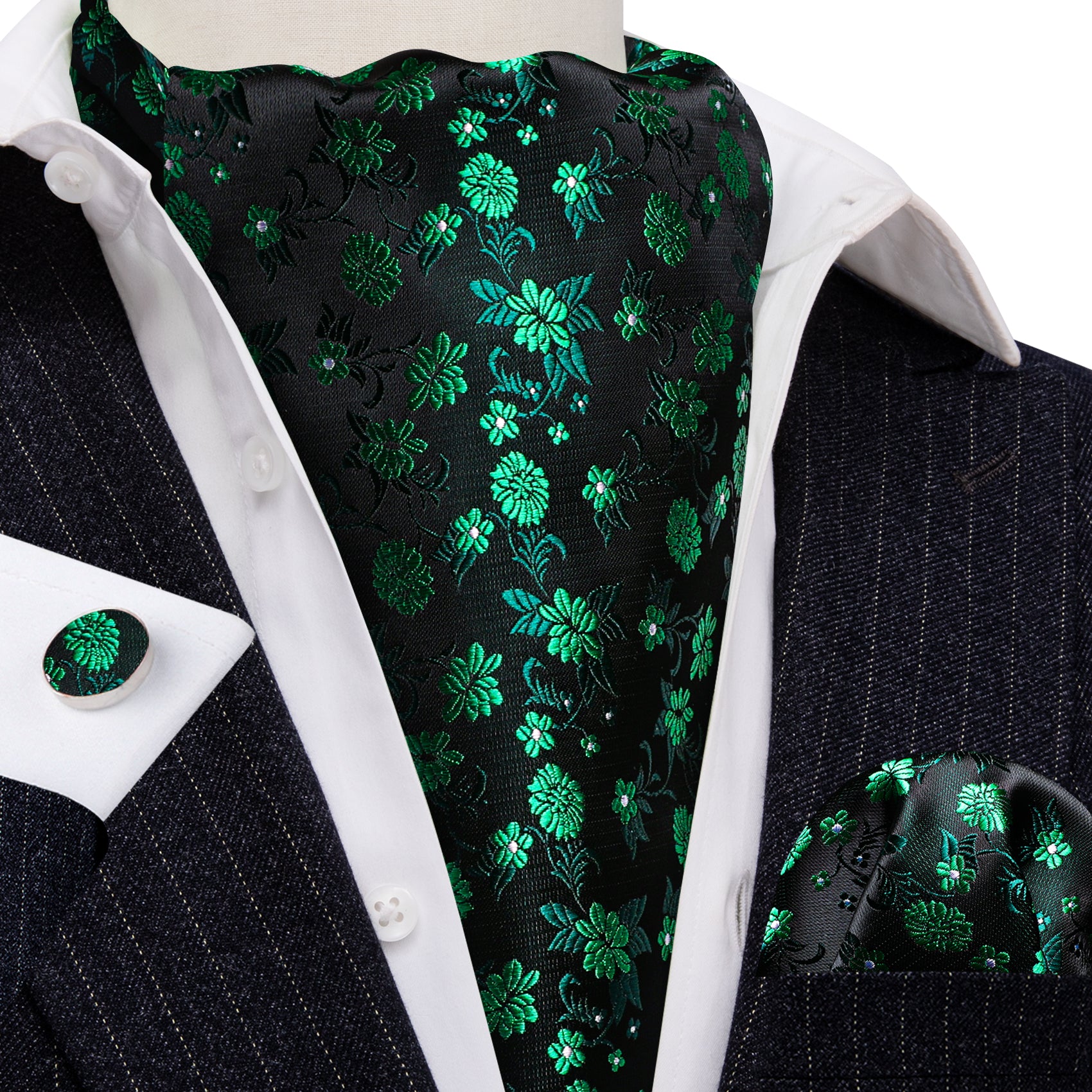 Green Black Flower Ascot Handkerchief Cufflinks Set