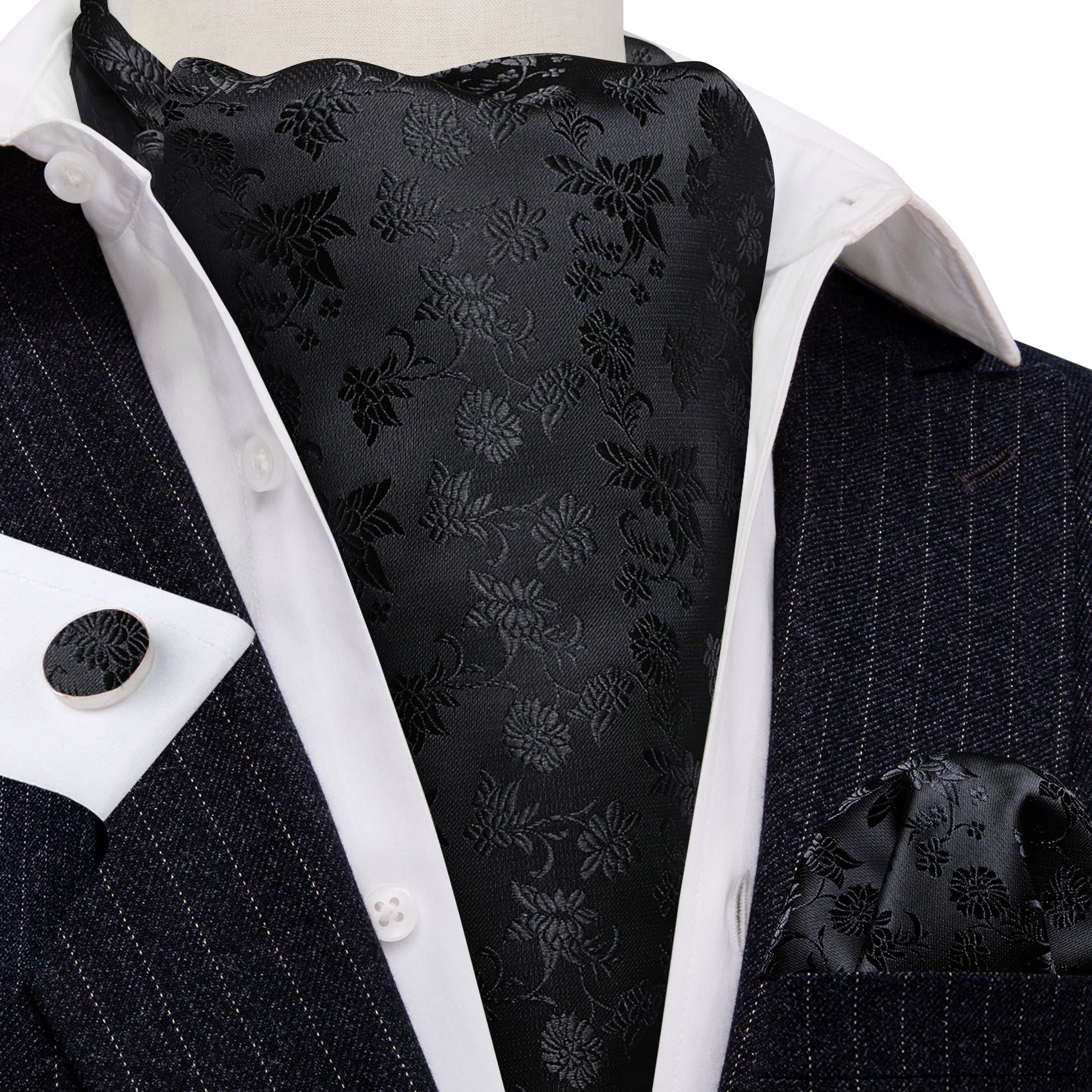 Black Flower Ascot Handkerchief Cufflinks Set