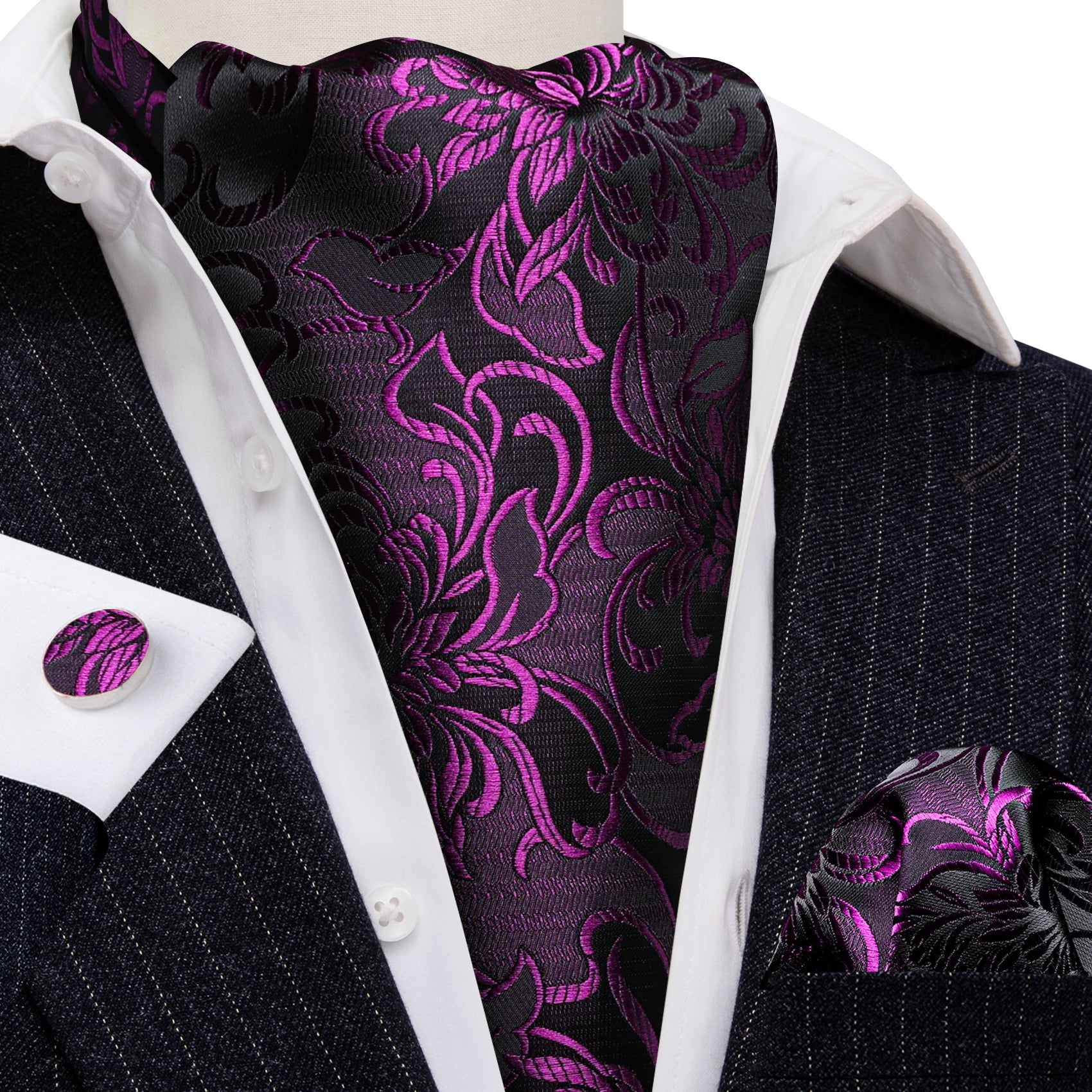 Black Purple Paisley Ascot Handkerchief Cufflinks Set