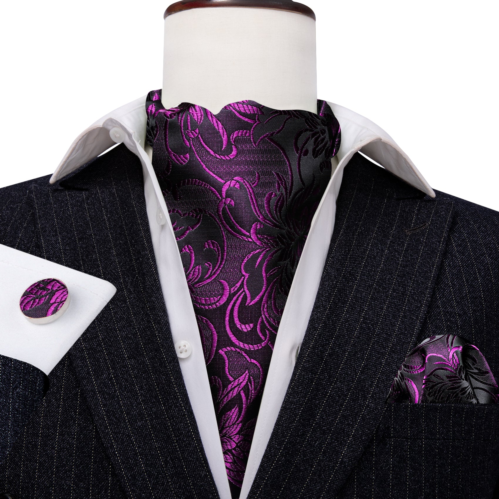 Black Purple Paisley Ascot Handkerchief Cufflinks Set