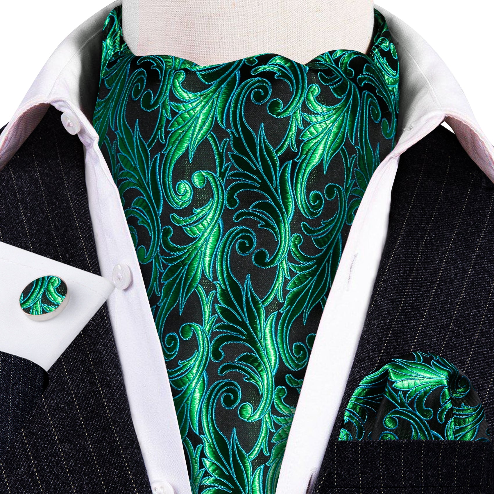 Green Paisley Ascot Handkerchief Cufflinks Set