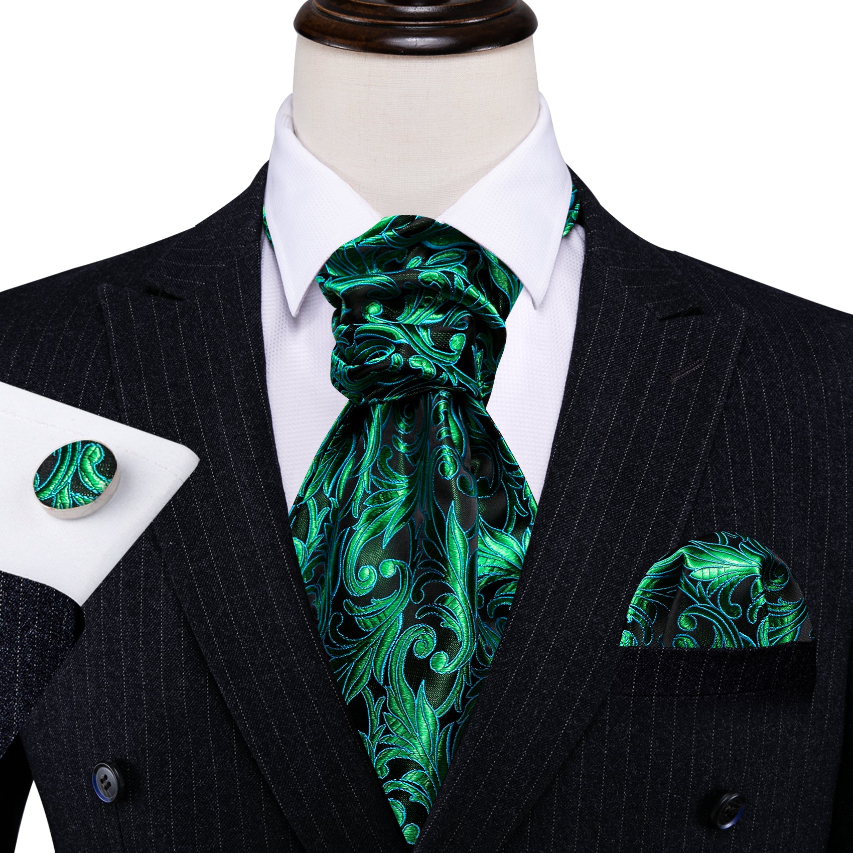 Green Paisley Ascot Handkerchief Cufflinks Set