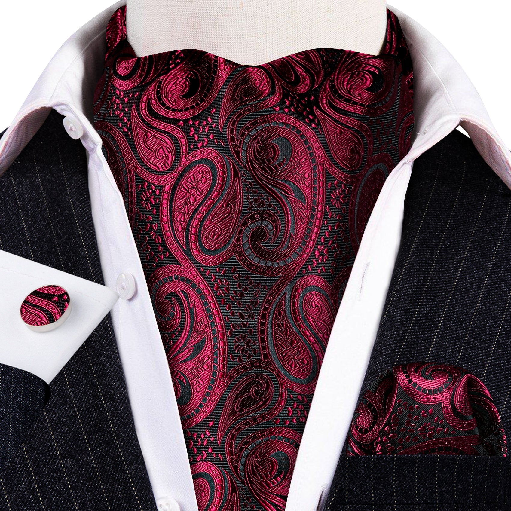 Burgundy Red Paisley Ascot Handkerchief Cufflinks Set