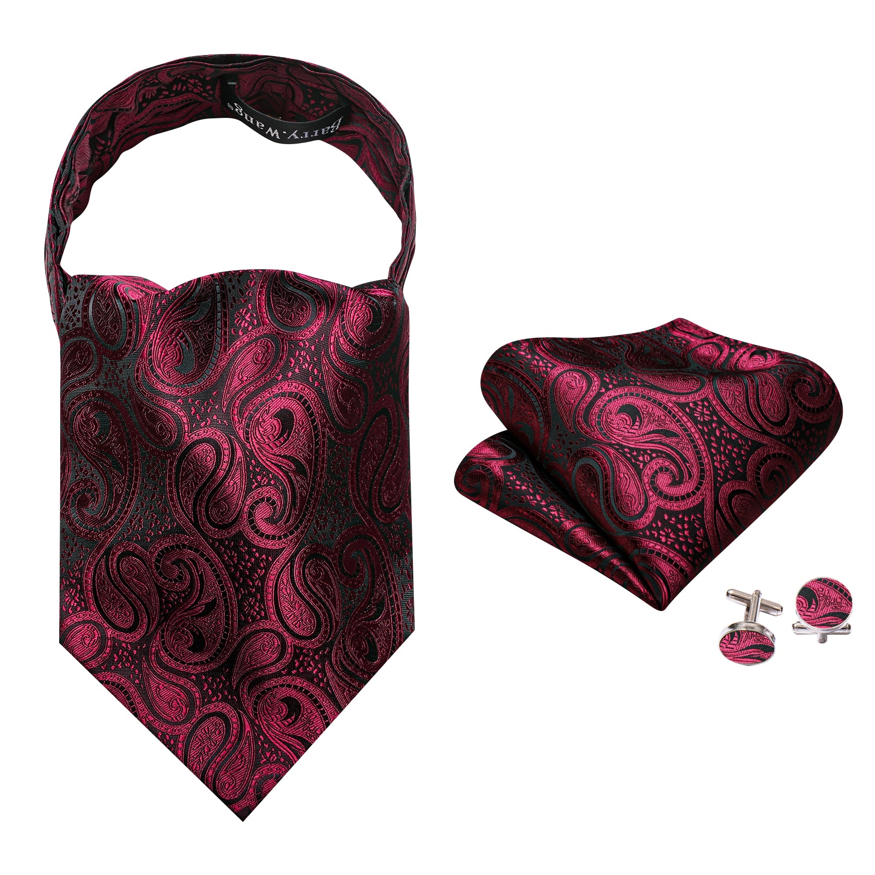 Burgundy Red Paisley Ascot Handkerchief Cufflinks Set