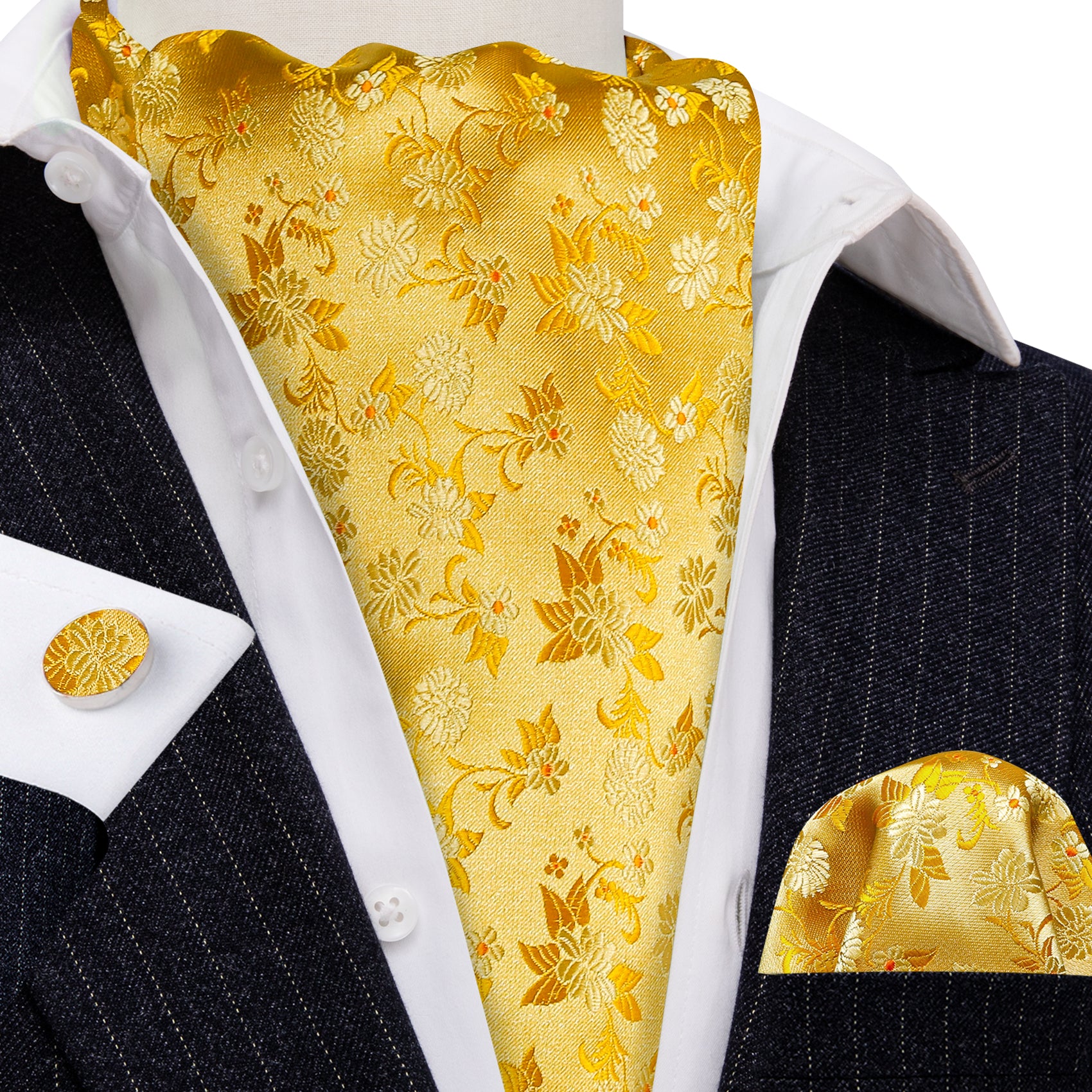 Yellow Floral Ascot Handkerchief Cufflinks Set