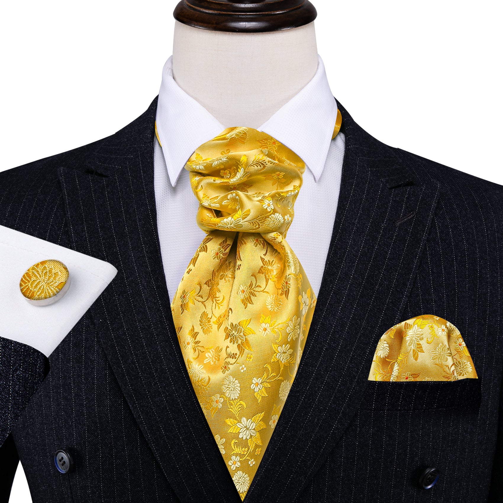 Yellow Floral Ascot Handkerchief Cufflinks Set