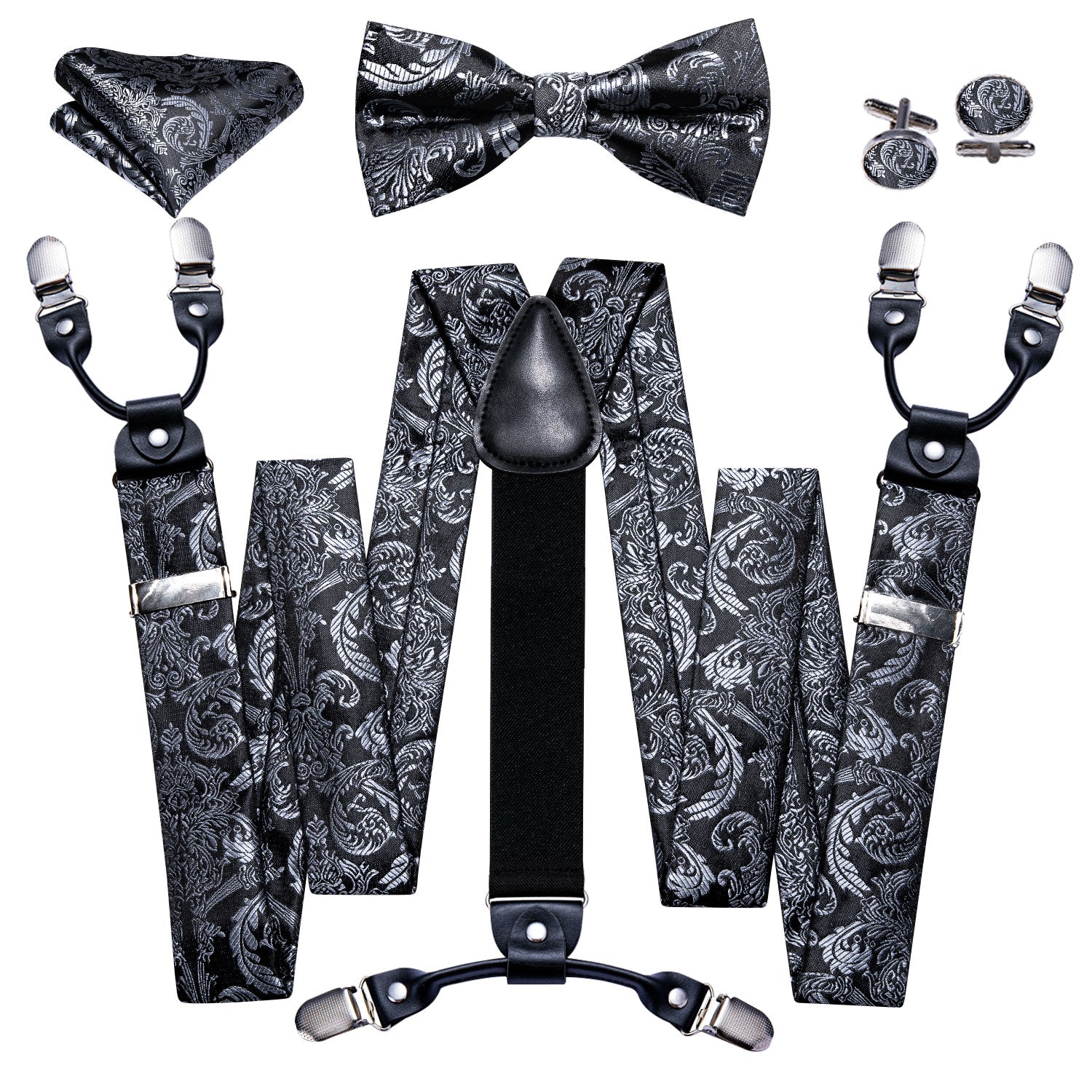 Black Silver Y Back Adjustable Bow Tie Suspenders Set