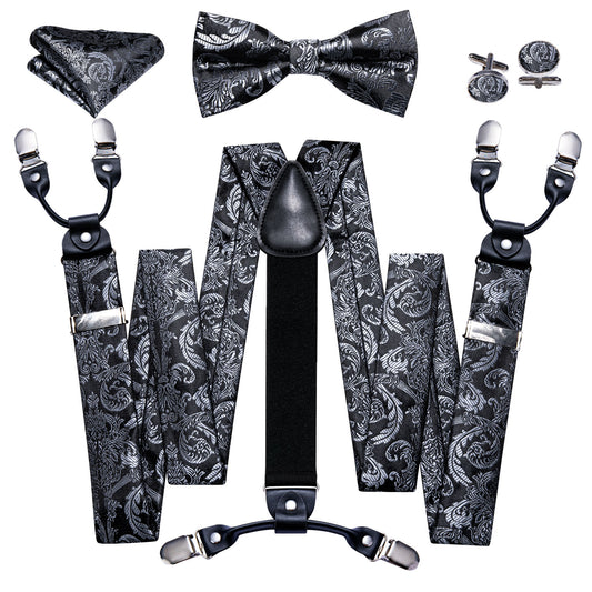 Barry. Wang Black Tie Silver Y Back Adjustable Bow Tie Suspenders Set