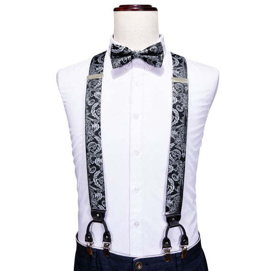 Barry. Wang Black Tie Silver Y Back Adjustable Bow Tie Suspenders Set