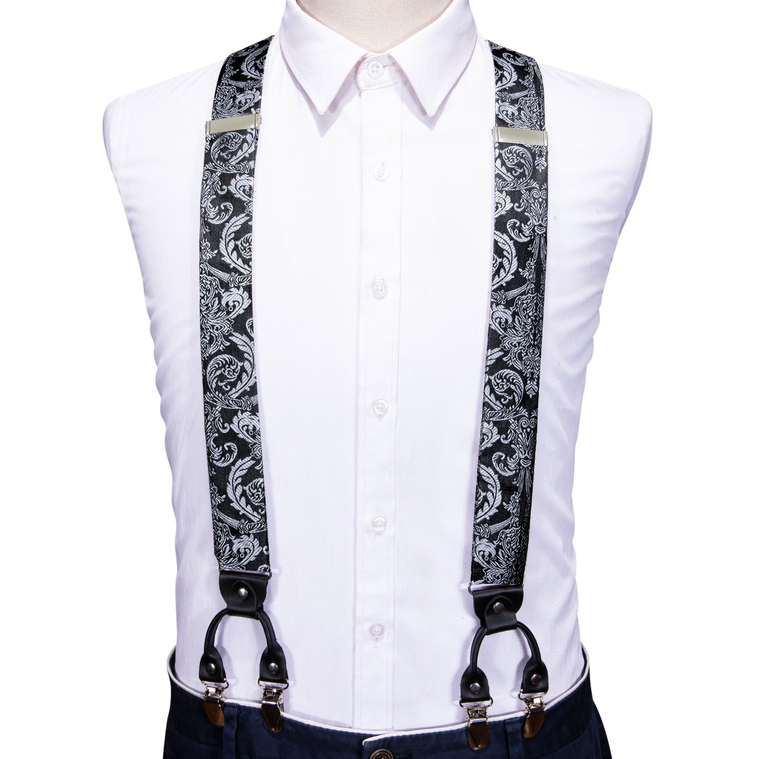 Barry.wang Black Tie Silver Y Back Adjustable Bow Tie Suspenders Set