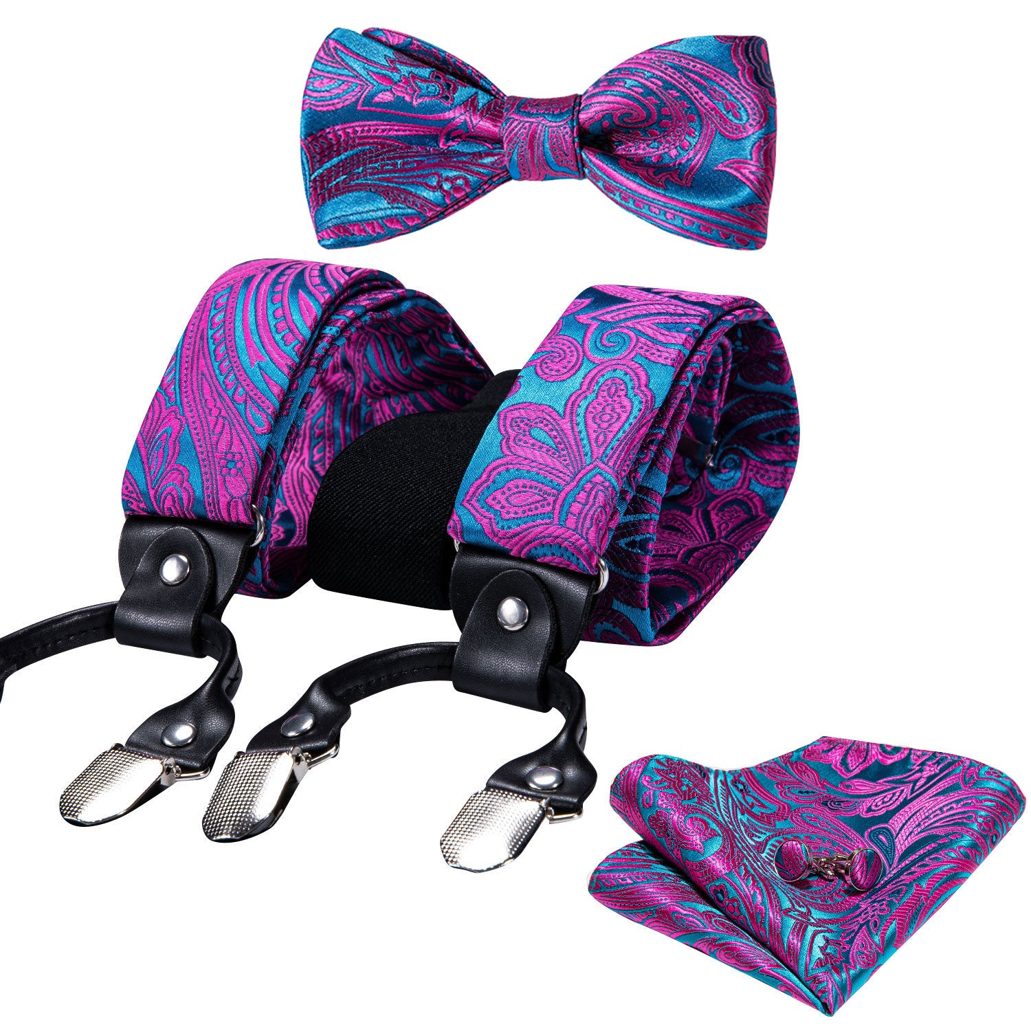 Blue Purple Paisley Y Back Adjustable Suspender Bow Tie Hanky Cufflinks Set