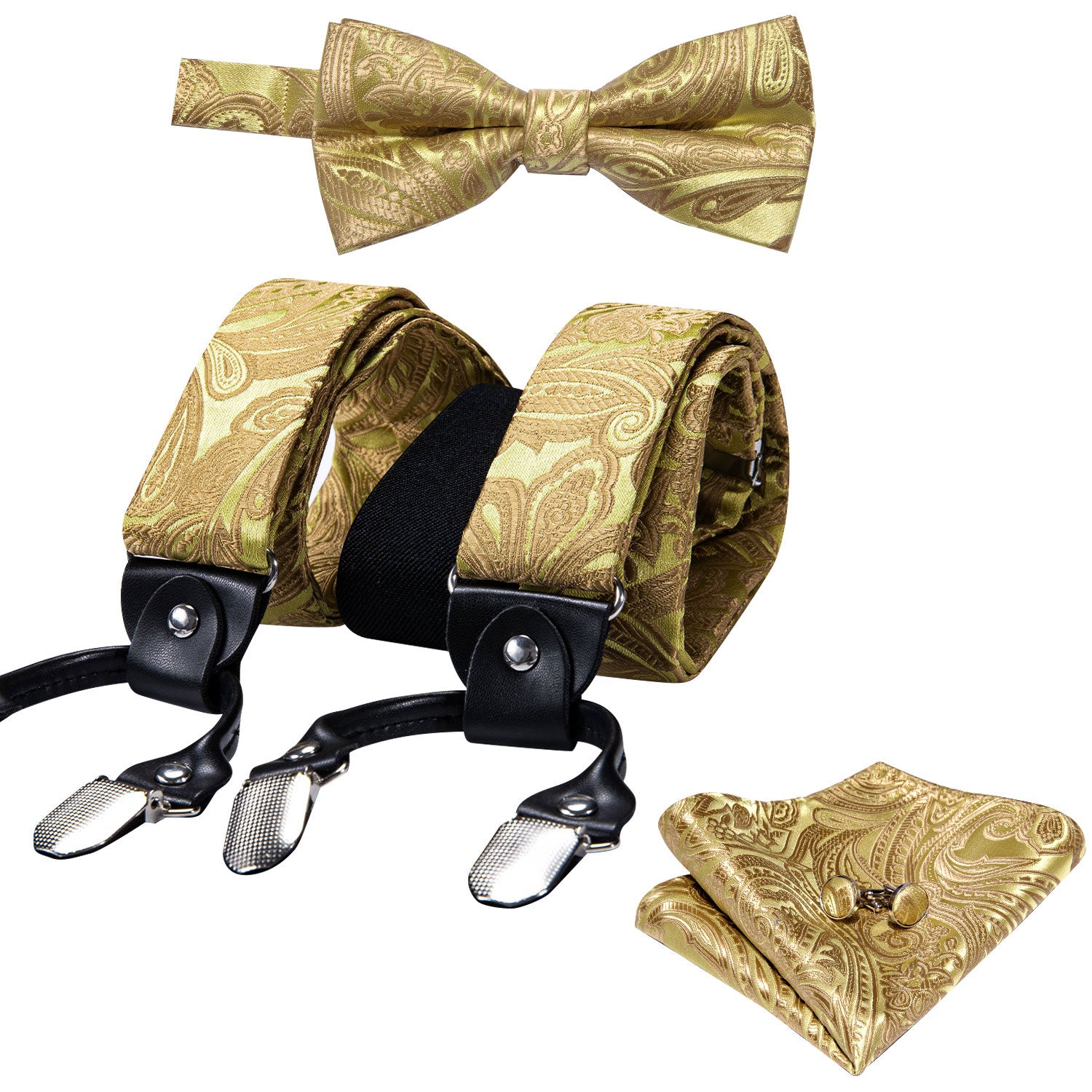 Golden Paisley Y Back Adjustable Bow Tie Suspenders Set