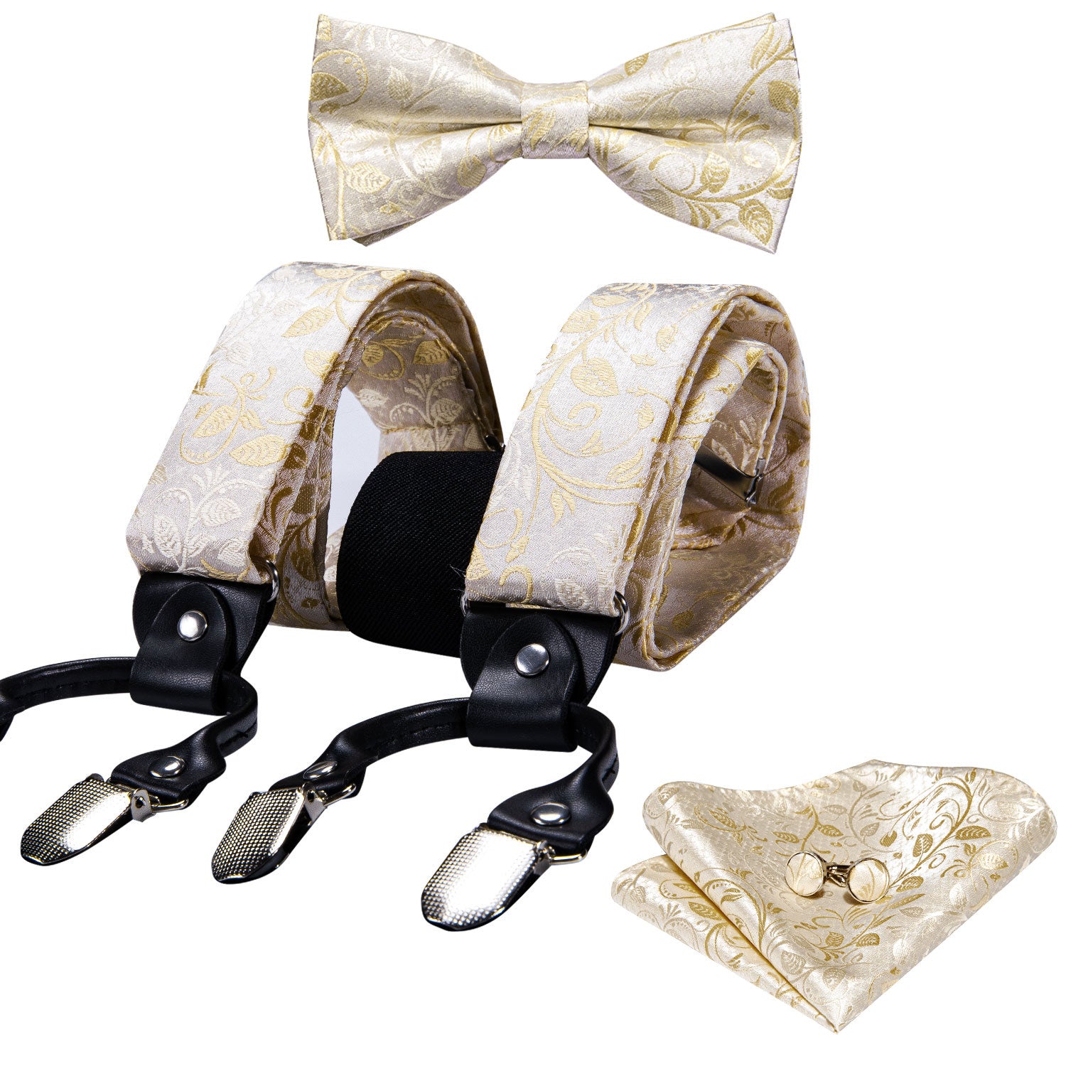 Champagne Golden Paisley Y Back Adjustable Suspender Bow Tie Hanky Cufflinks Set