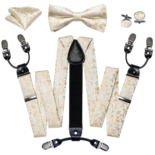 Barry. Wang Champagne Golden Paisley Y Back Adjustable Suspender Bow Tie Hanky Cufflinks Set