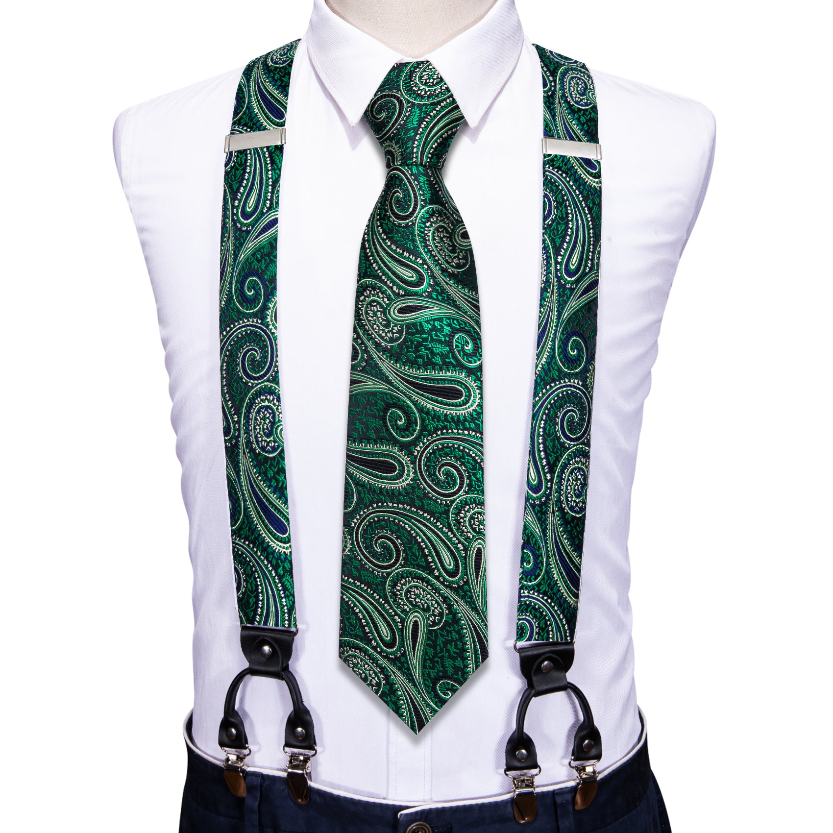 Green Floral Y Back Adjustable Necktie Suspenders Set