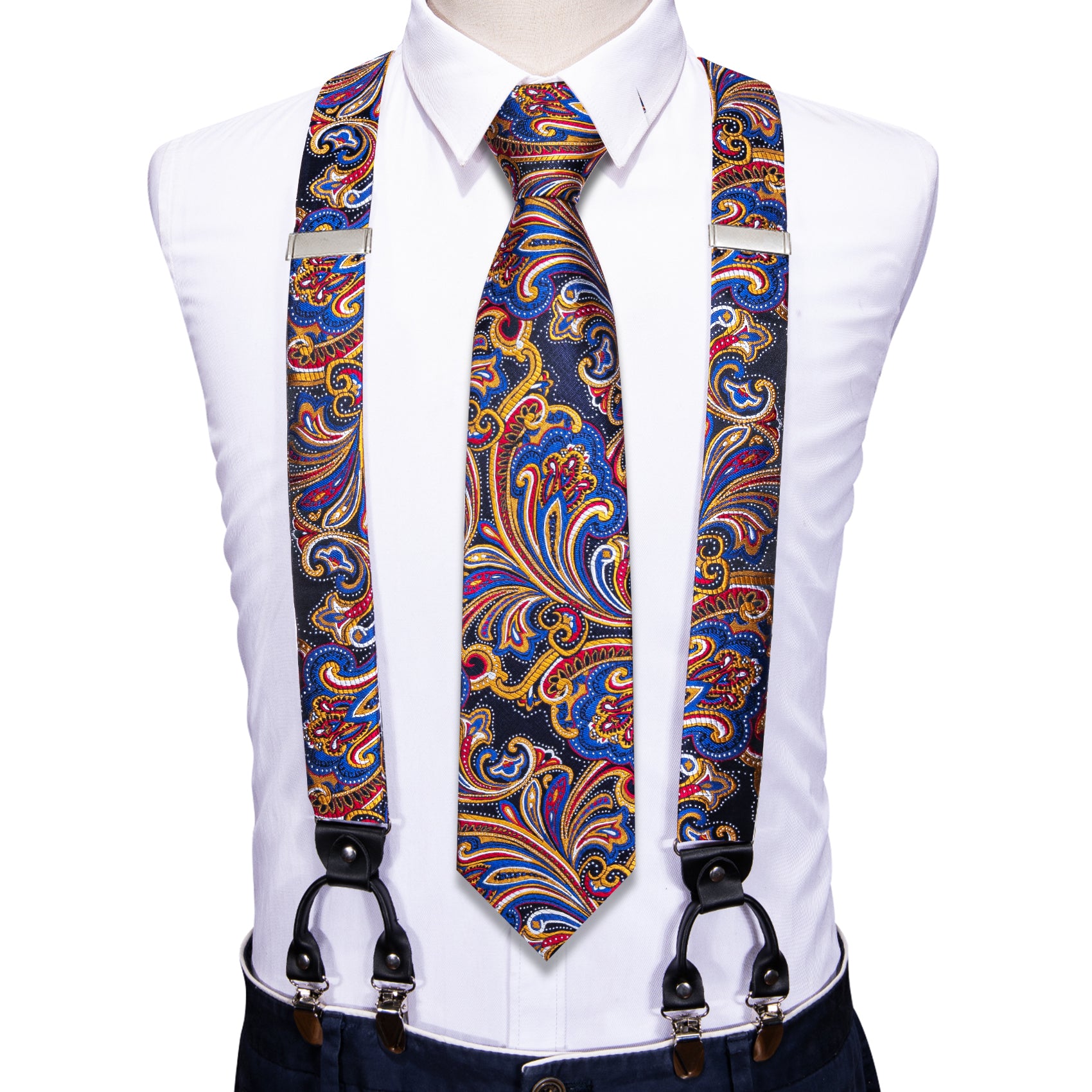 Blue Yellow Floral Y Back Adjustable Necktie Suspenders Set
