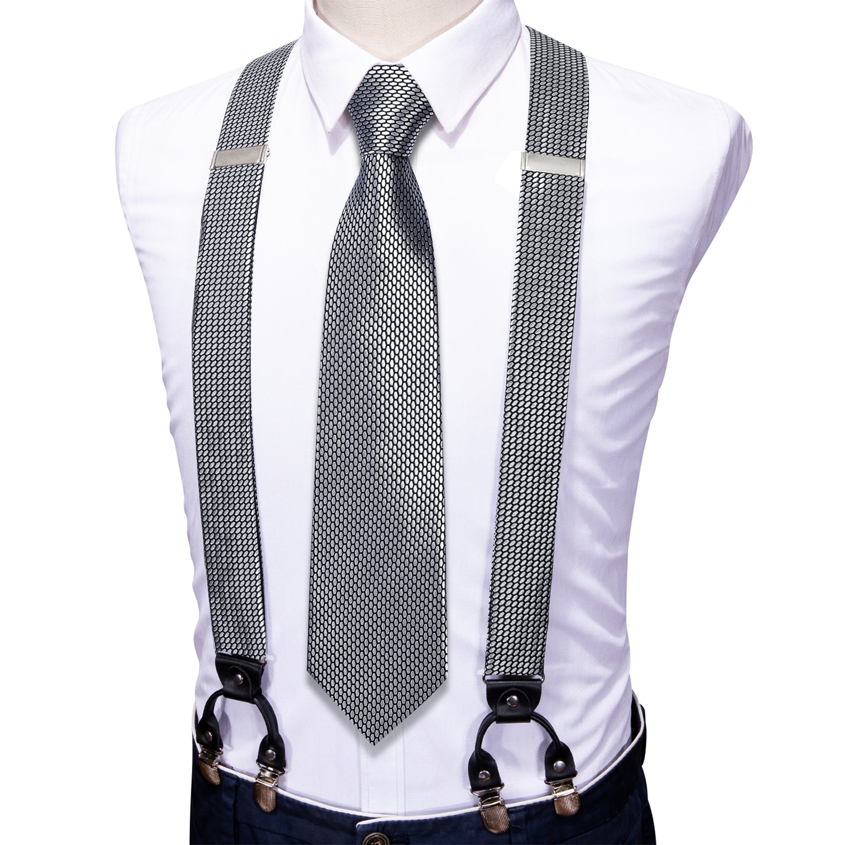 Grey Plaid Y Back Adjustable Necktie Suspenders Set