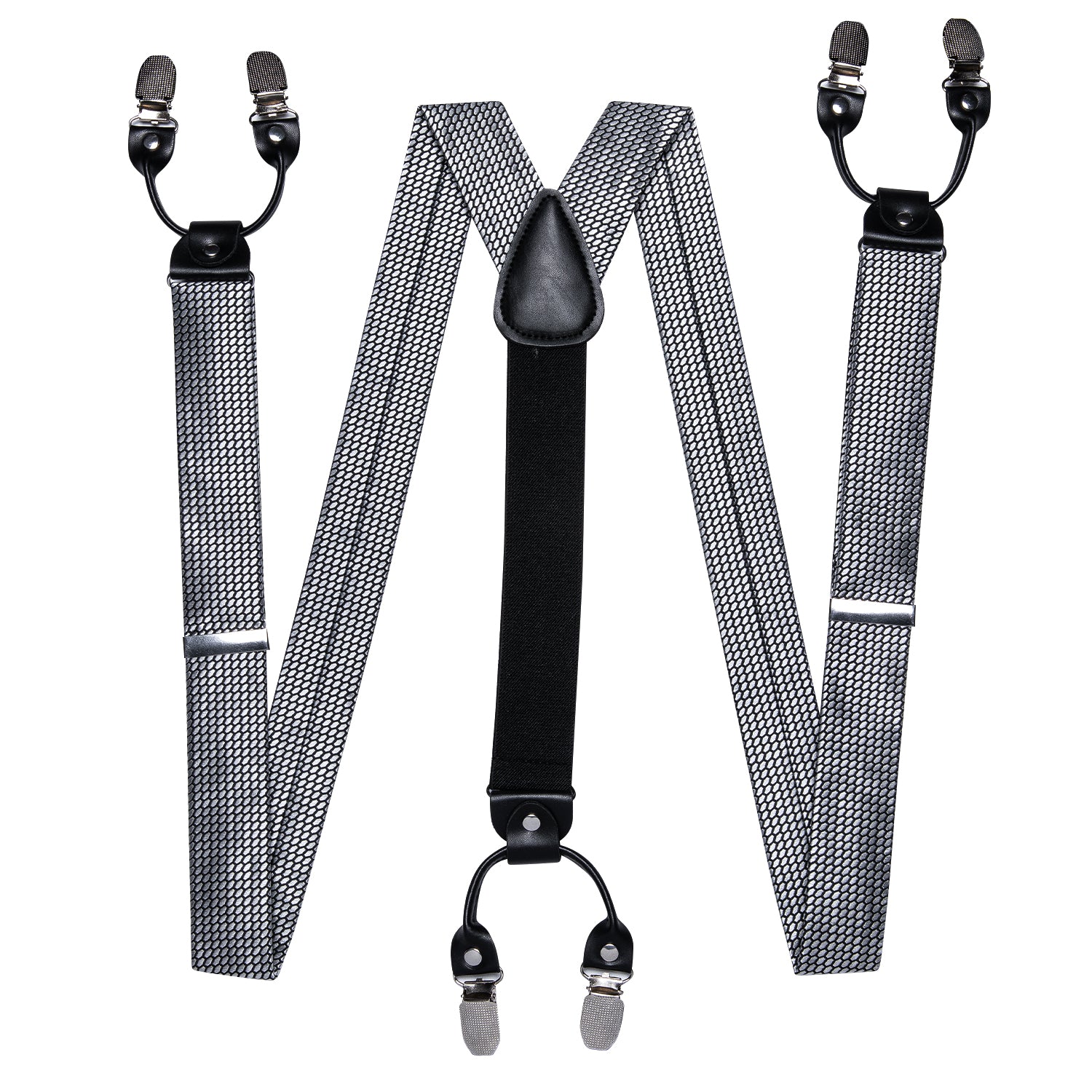 Grey Plaid Y Back Adjustable Suspender Bow Tie Hanky Cufflinks Set
