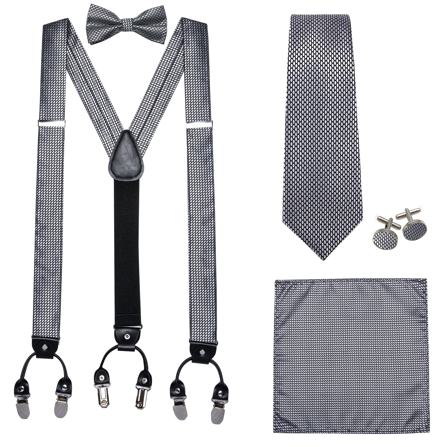 Grey Plaid Y Back Adjustable Suspender Bow Tie Hanky Cufflinks Set