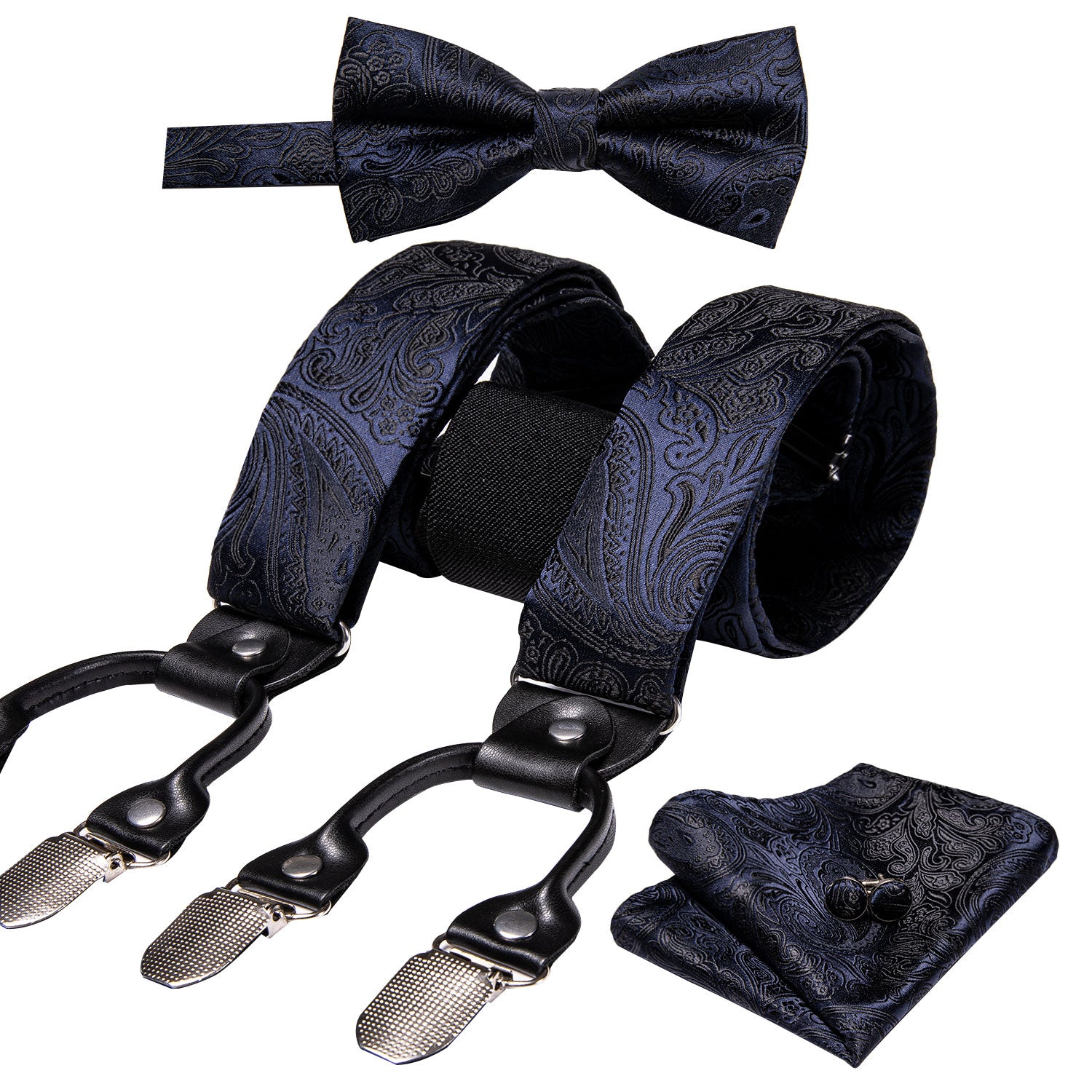 Luxury Black Paisley Y Back Adjustable Suspenders Bow Tie Set