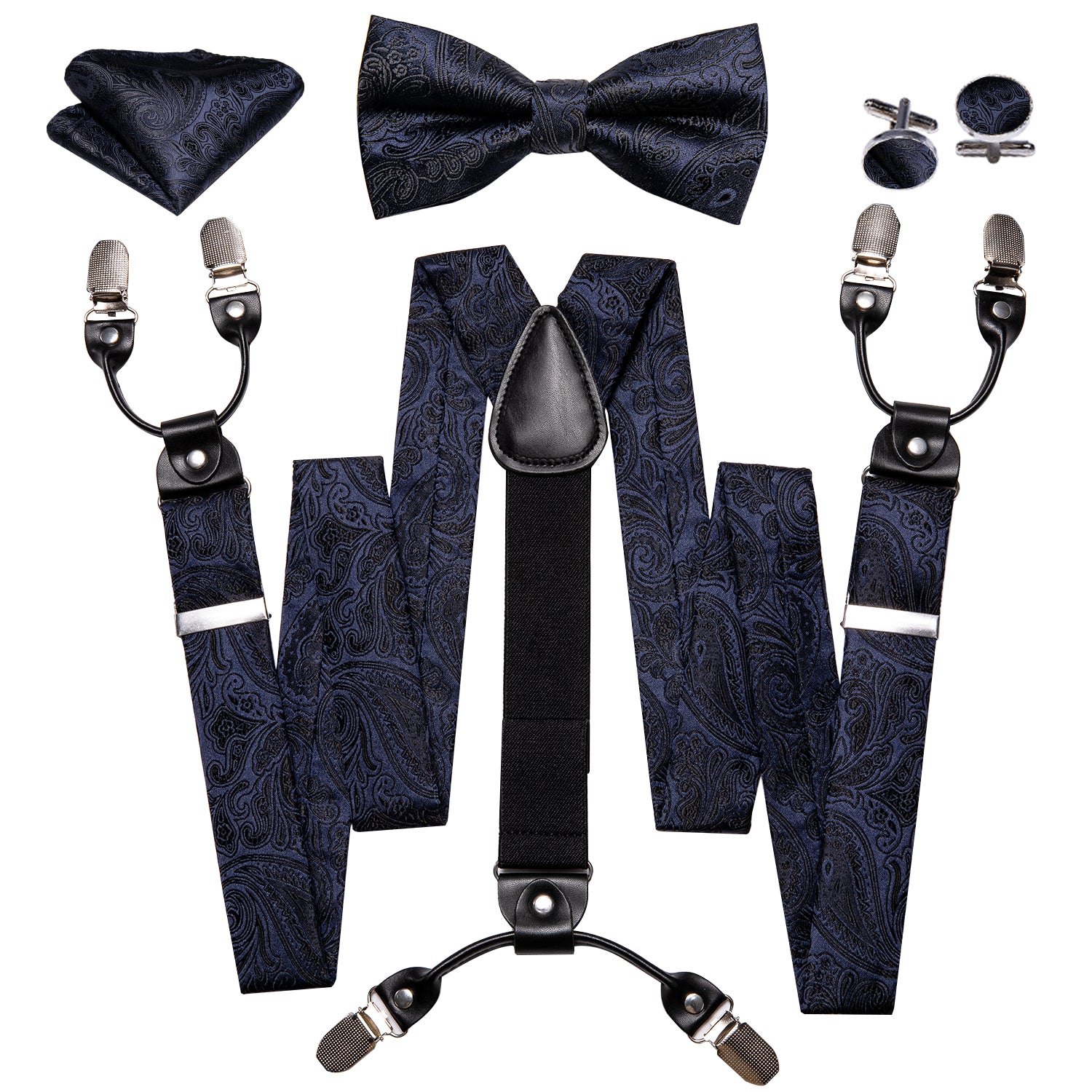 Luxury Black Paisley Y Back Adjustable Suspenders Bow Tie Set