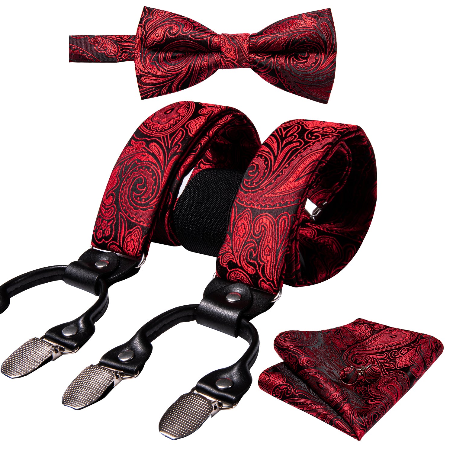 Barry.wang Red Black Paisley Bow Tie Y Back Adjustable Suspenders Set for Men